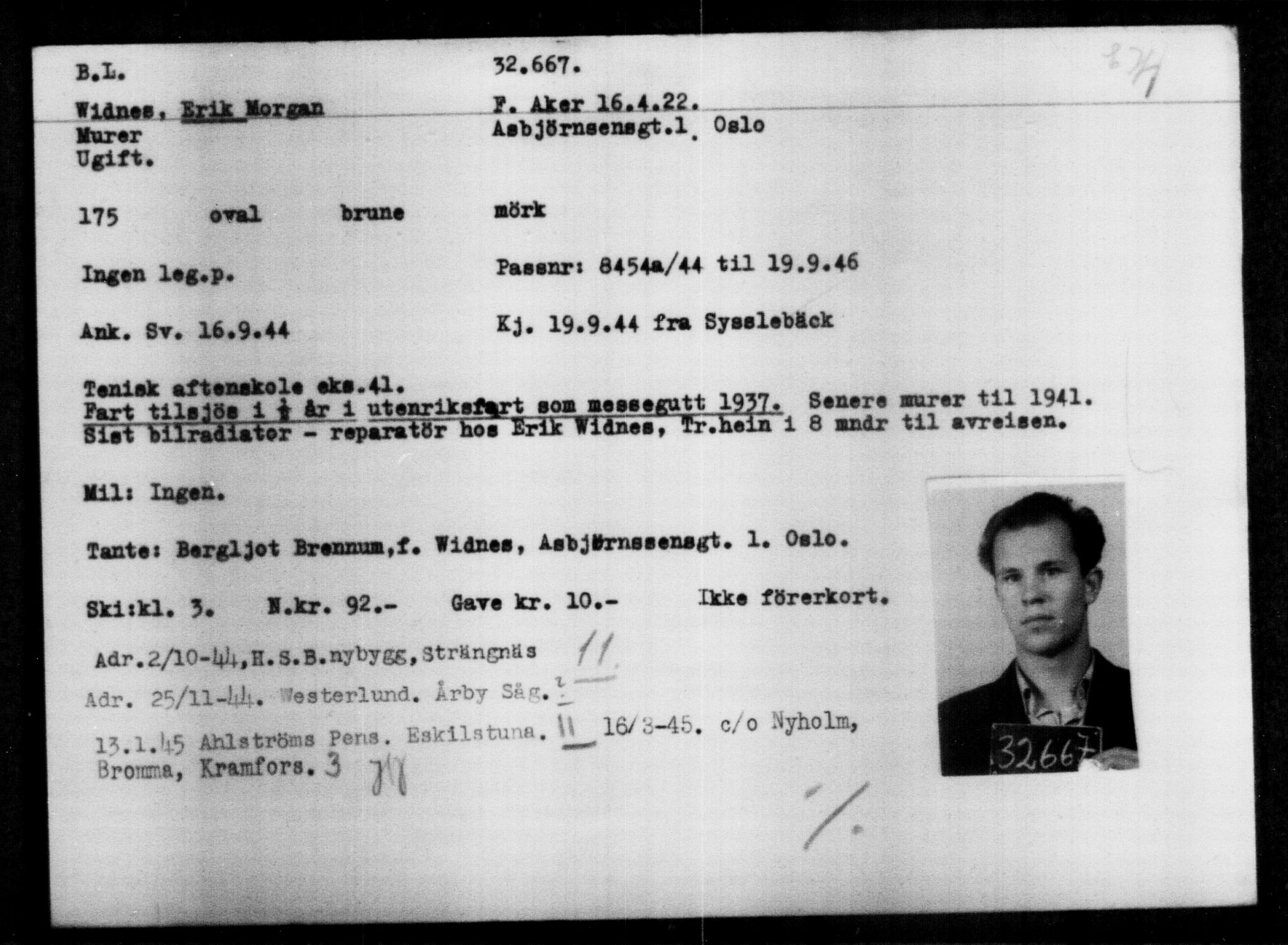 Utenriksstasjonene, Legasjonen i Stockholm, Flyktningkontoret, AV/RA-S-6753/V/Va/L0013: Kjesäterkartoteket, flyktninger med registreringsnr. 31500-34731, 1940-1945, p. 1230