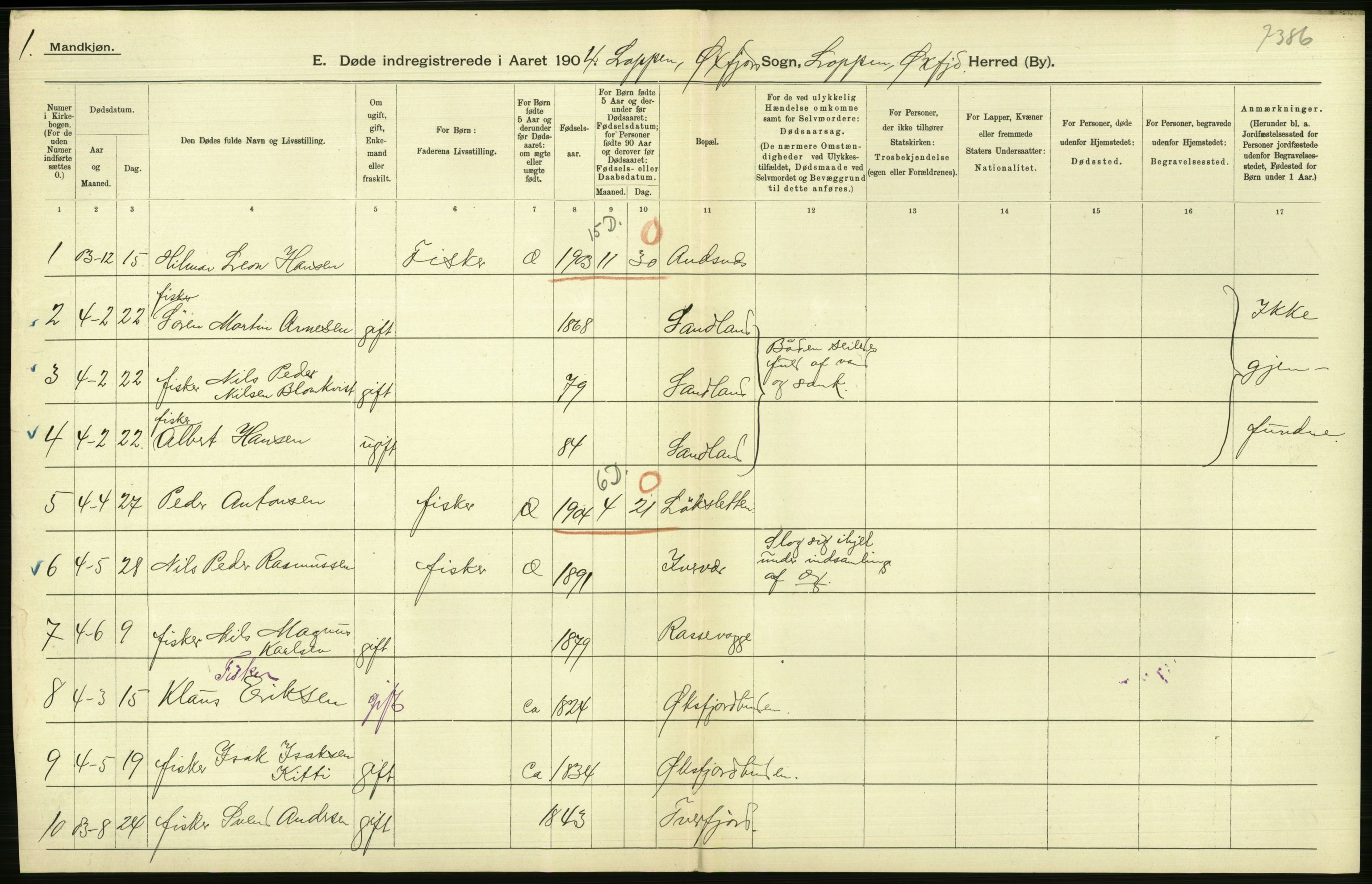 Statistisk sentralbyrå, Sosiodemografiske emner, Befolkning, AV/RA-S-2228/D/Df/Dfa/Dfab/L0023: Finnmarkens amt: Fødte, gifte, døde, 1904, p. 232