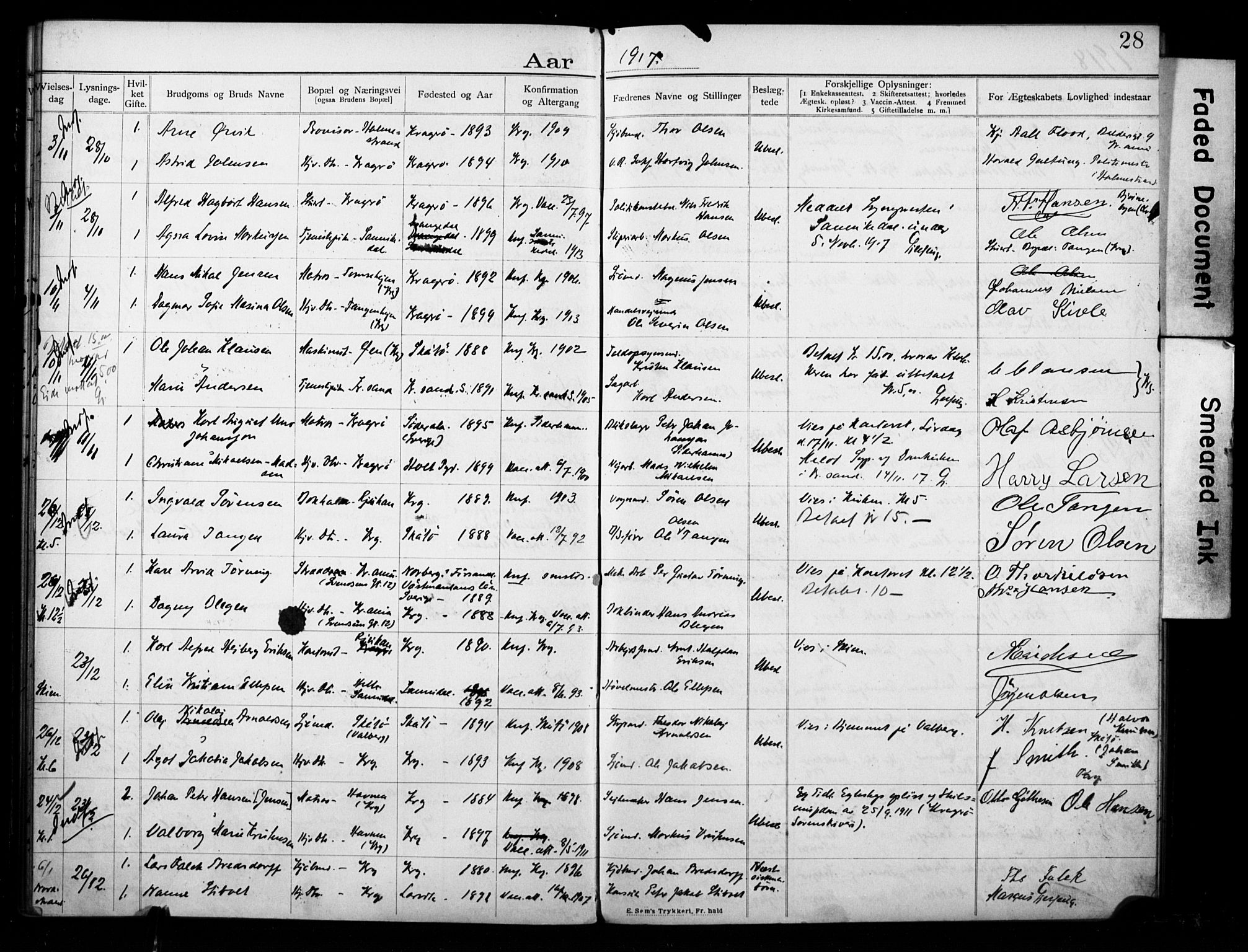 Kragerø kirkebøker, AV/SAKO-A-278/H/Ha/L0001: Banns register no. I 1, 1905-1918, p. 28