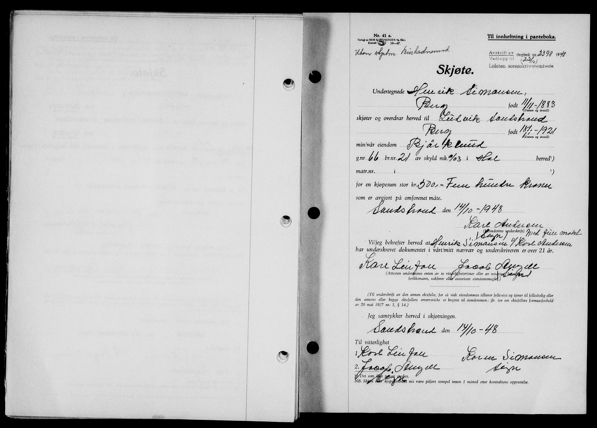 Lofoten sorenskriveri, SAT/A-0017/1/2/2C/L0019a: Mortgage book no. 19a, 1948-1948, Diary no: : 2398/1948