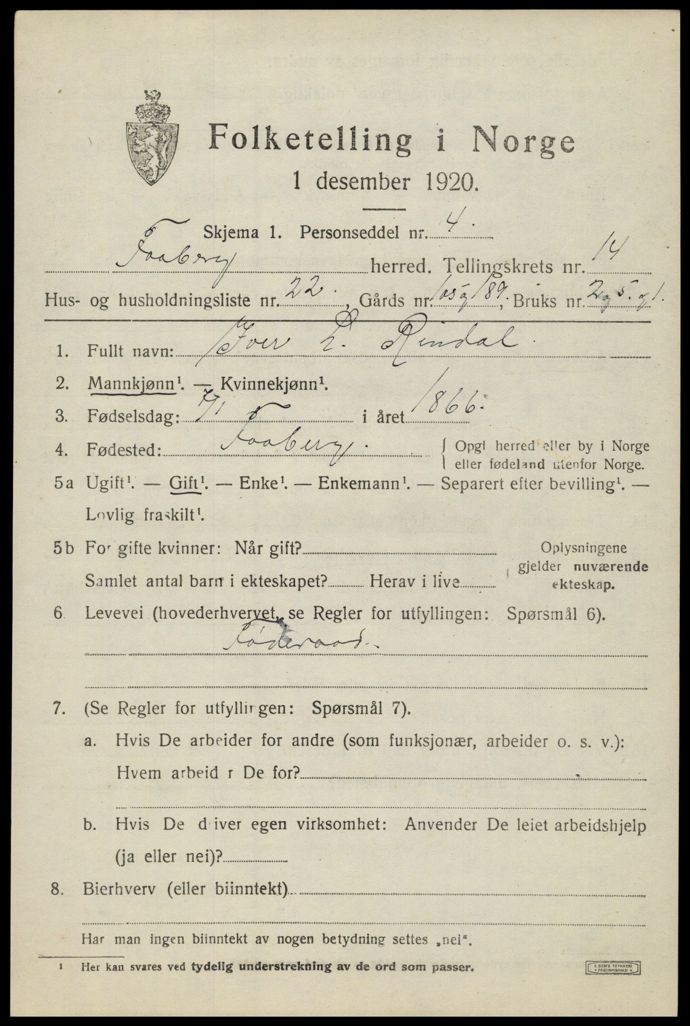 SAH, 1920 census for Fåberg, 1920, p. 15014