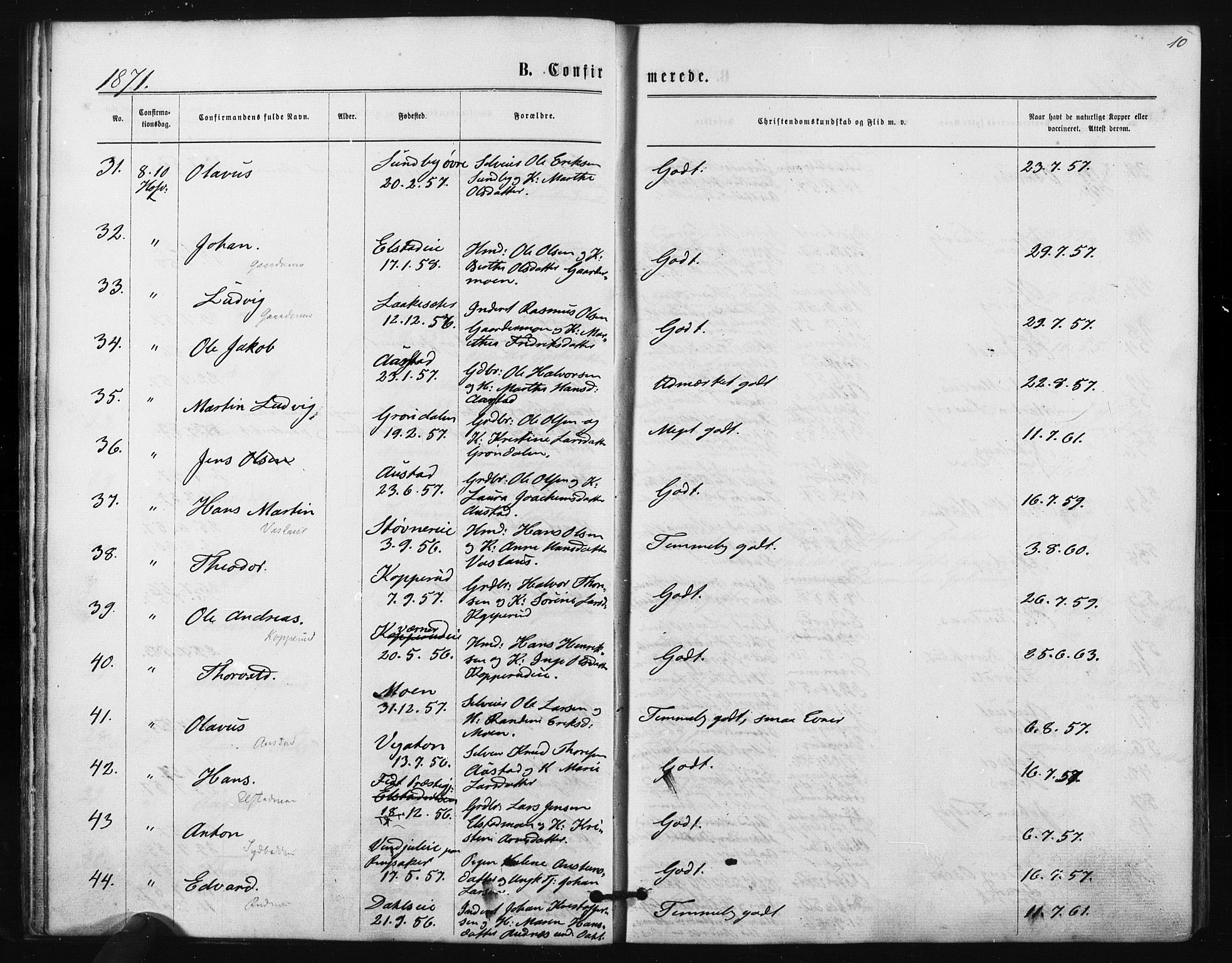 Ullensaker prestekontor Kirkebøker, AV/SAO-A-10236a/F/Fa/L0017: Parish register (official) no. I 17, 1871-1875, p. 10