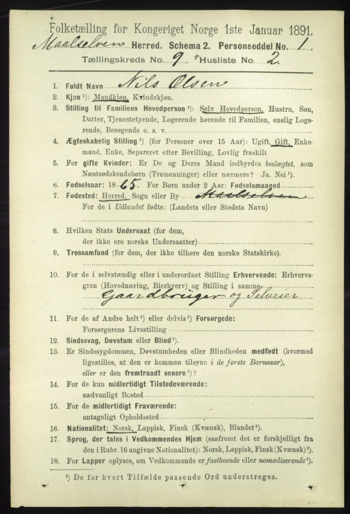 RA, 1891 census for 1924 Målselv, 1891, p. 2757