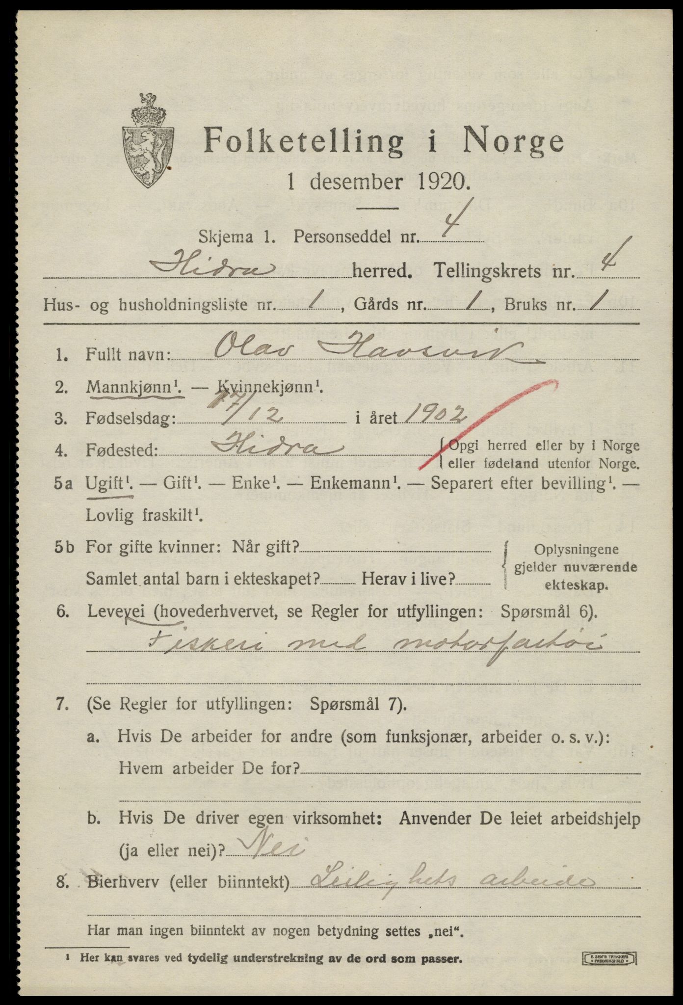 SAK, 1920 census for Hidra, 1920, p. 2092