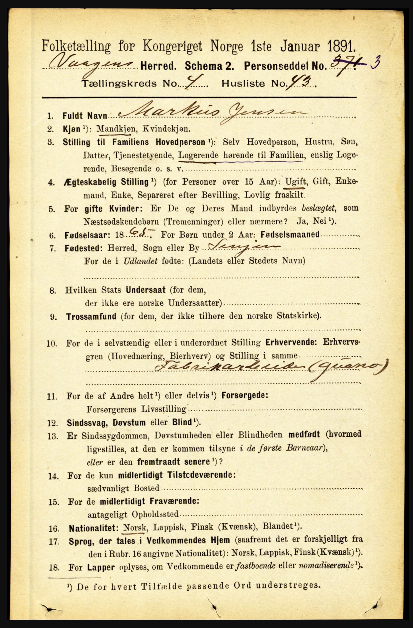 RA, 1891 census for 1865 Vågan, 1891, p. 1311