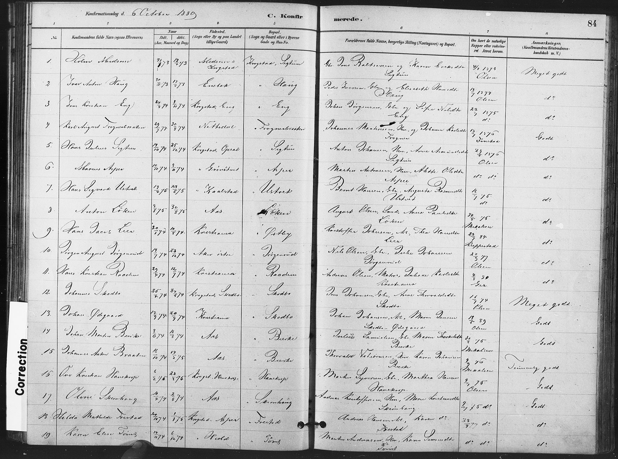 Kråkstad prestekontor Kirkebøker, AV/SAO-A-10125a/F/Fa/L0009: Parish register (official) no. I 9, 1880-1892, p. 84