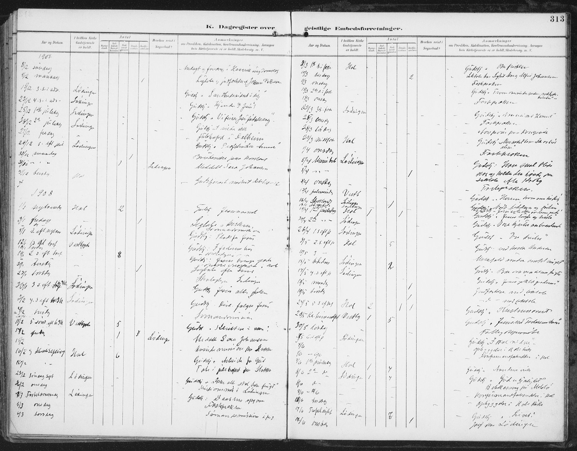 Ministerialprotokoller, klokkerbøker og fødselsregistre - Nordland, AV/SAT-A-1459/872/L1036: Parish register (official) no. 872A11, 1897-1913, p. 313