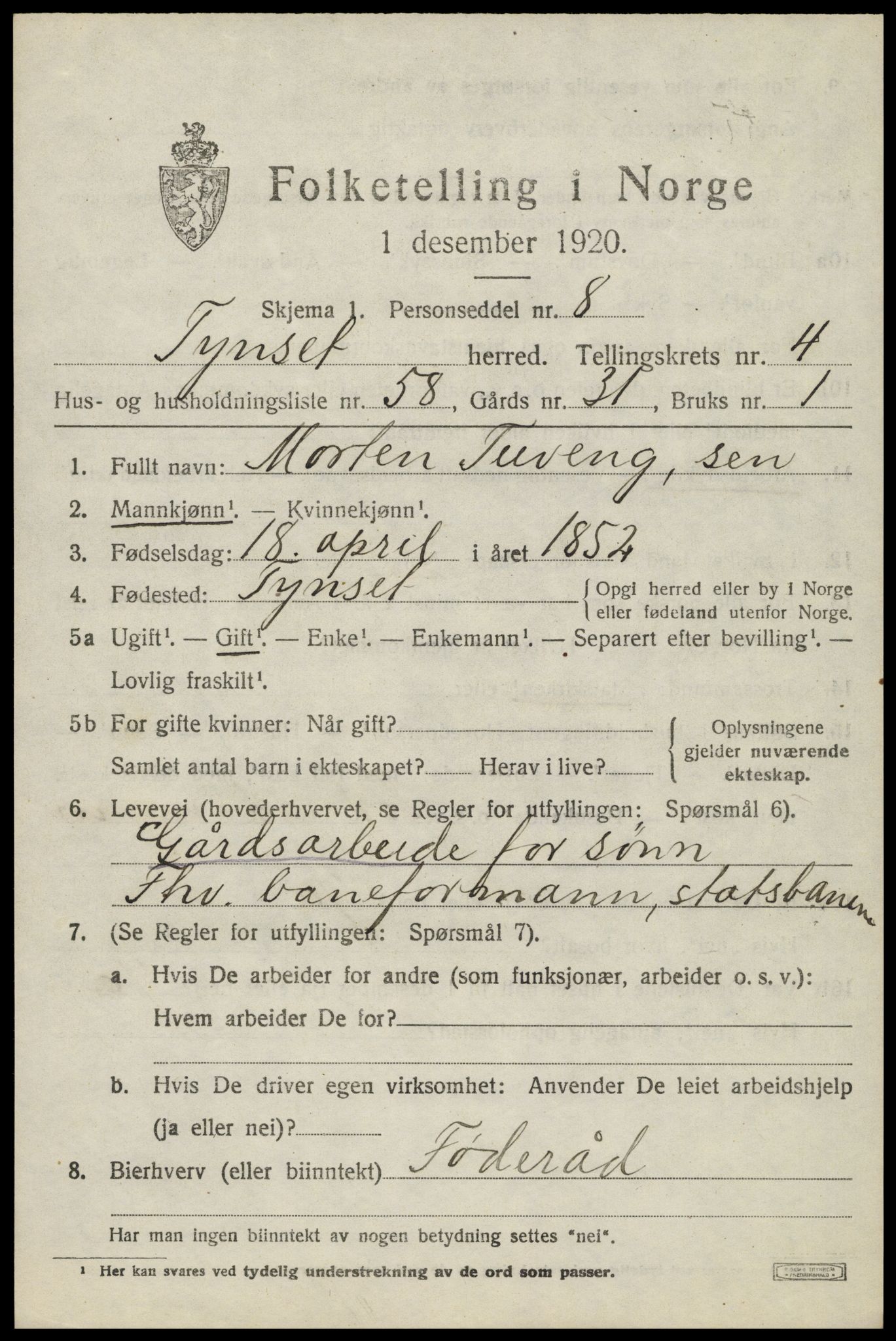 SAH, 1920 census for Tynset, 1920, p. 3946