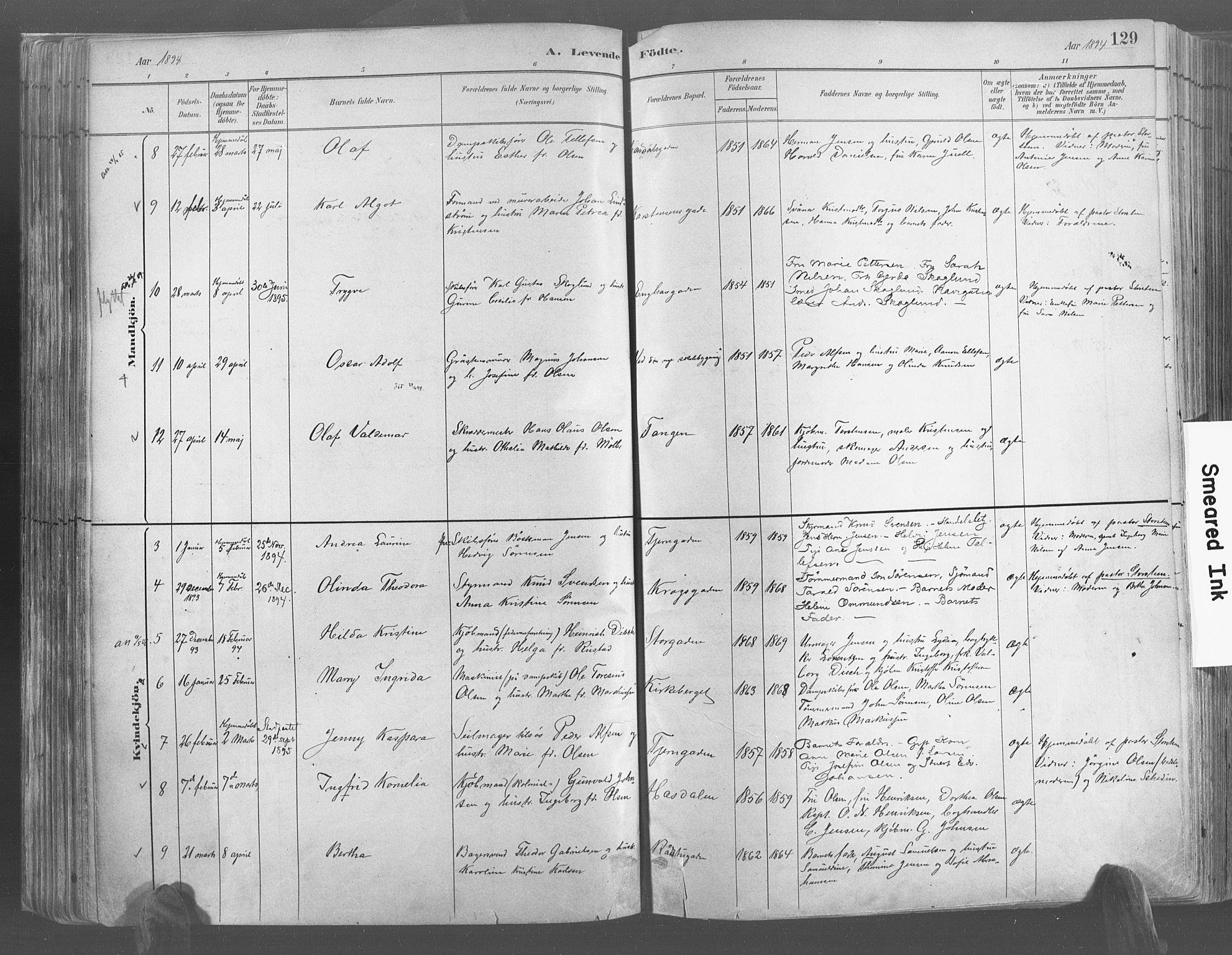 Risør sokneprestkontor, AV/SAK-1111-0035/F/Fa/L0005: Parish register (official) no. A 5, 1883-1895, p. 129