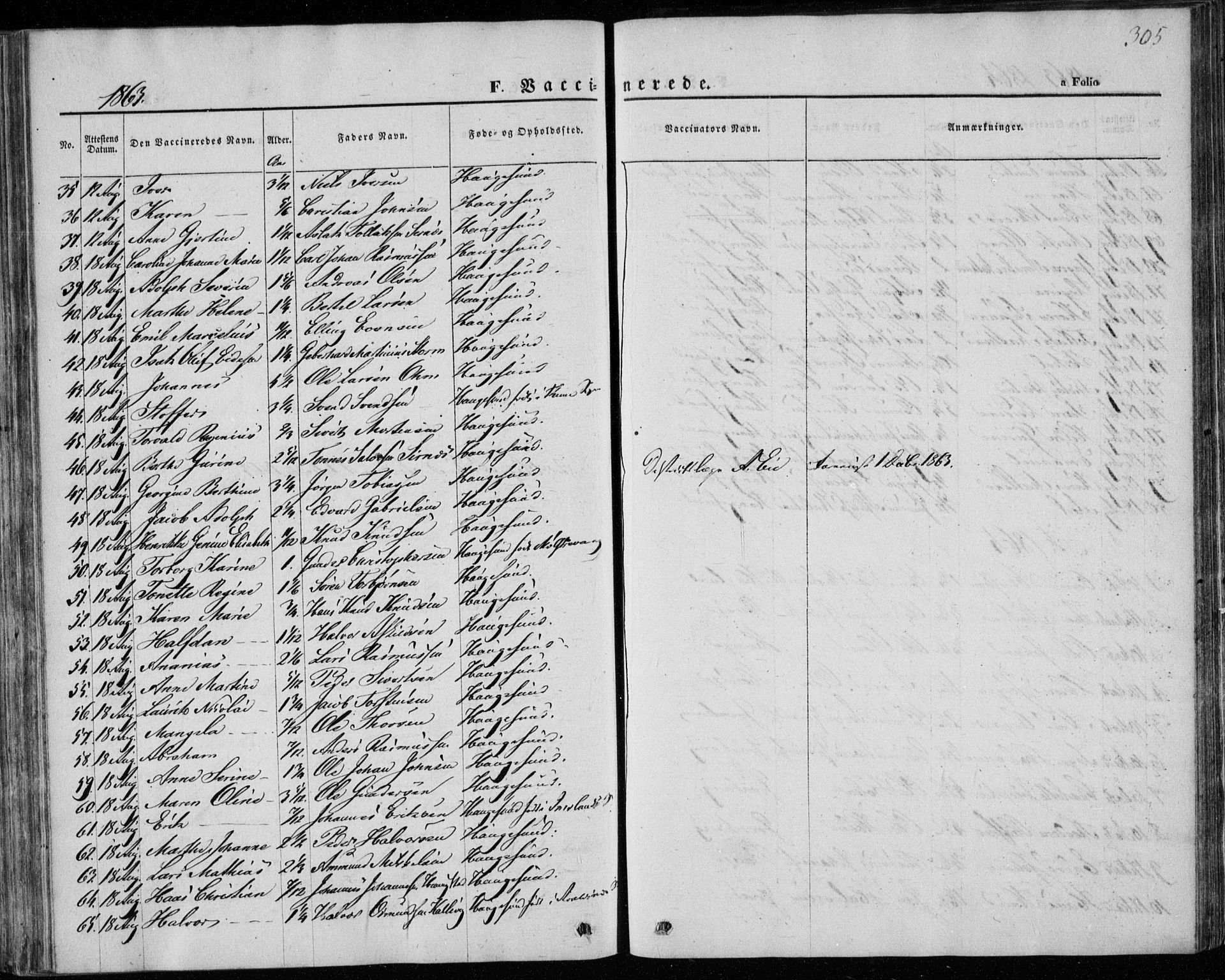 Torvastad sokneprestkontor, AV/SAST-A -101857/H/Ha/Haa/L0011: Parish register (official) no. A 11, 1857-1866, p. 305