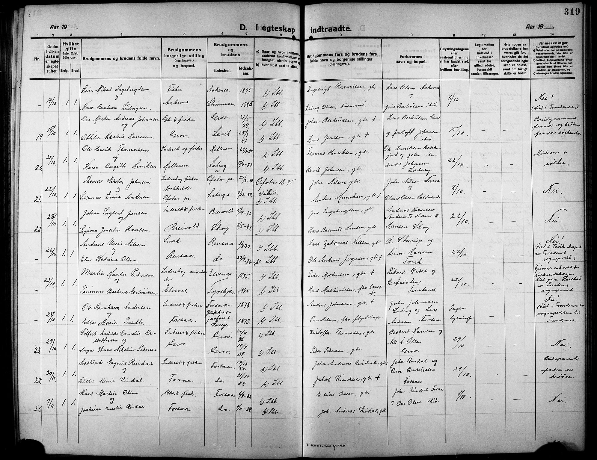 Ibestad sokneprestembete, SATØ/S-0077/H/Ha/Hab/L0009klokker: Parish register (copy) no. 9, 1902-1914, p. 319