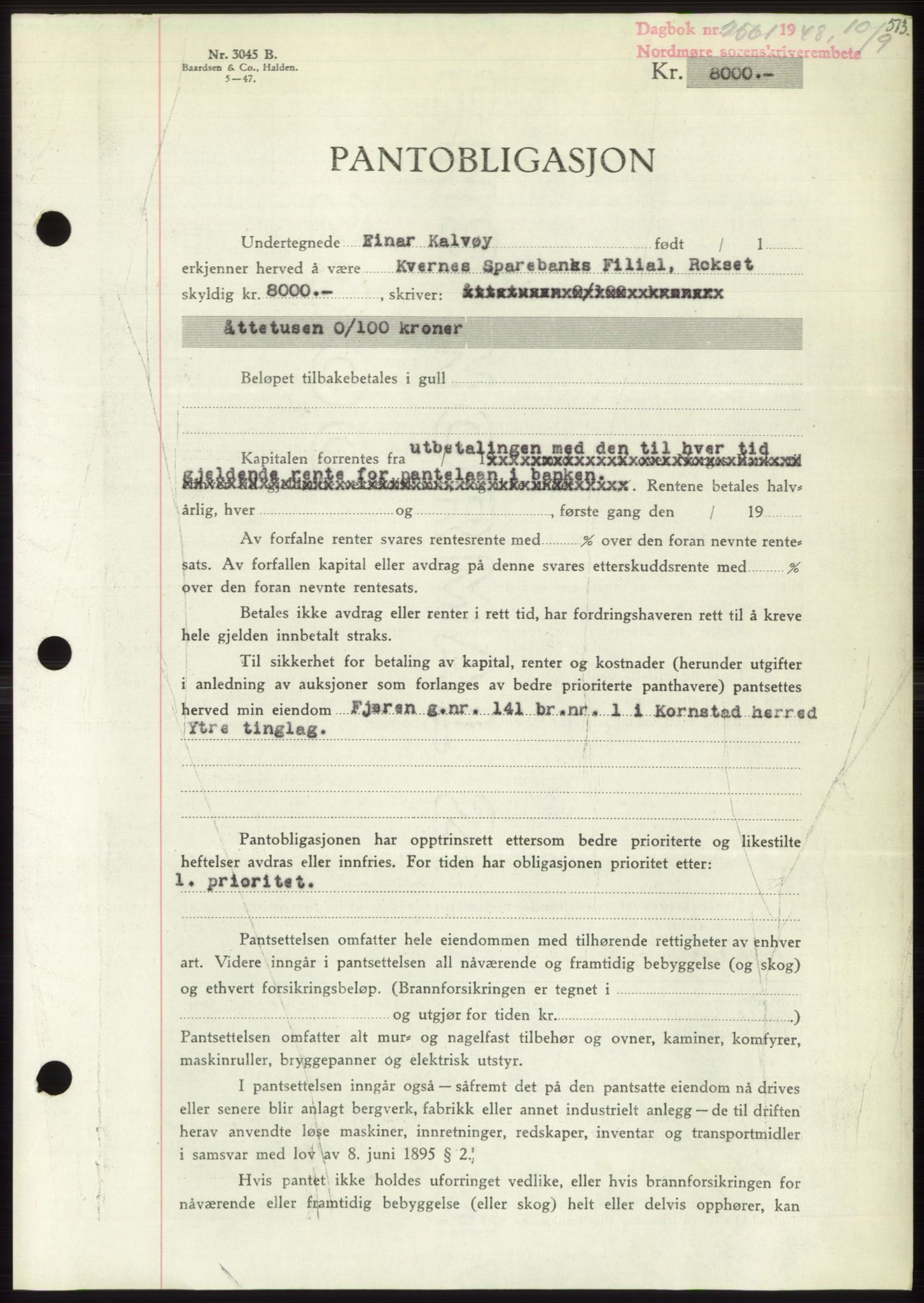 Nordmøre sorenskriveri, AV/SAT-A-4132/1/2/2Ca: Mortgage book no. B99, 1948-1948, Diary no: : 2561/1948