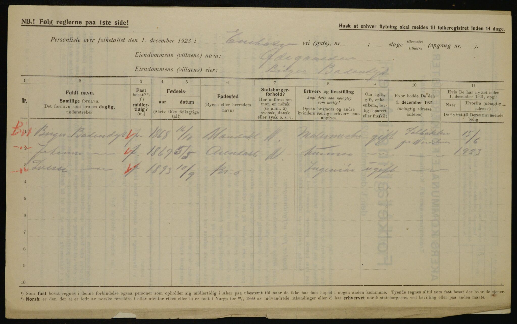 , Municipal Census 1923 for Aker, 1923, p. 42629