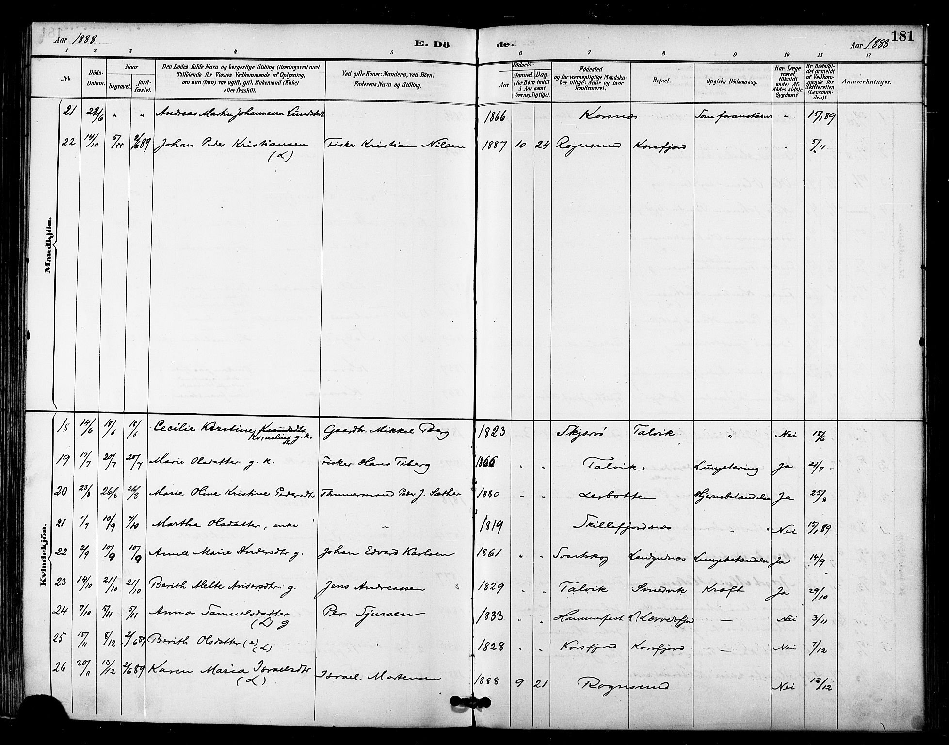 Talvik sokneprestkontor, AV/SATØ-S-1337/H/Ha/L0013kirke: Parish register (official) no. 13, 1886-1897, p. 181