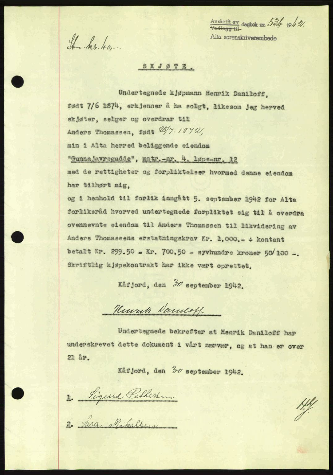 Alta fogderi/sorenskriveri, SATØ/SATØ-5/1/K/Kd/L0033pantebok: Mortgage book no. 33, 1940-1943, Diary no: : 534/1942