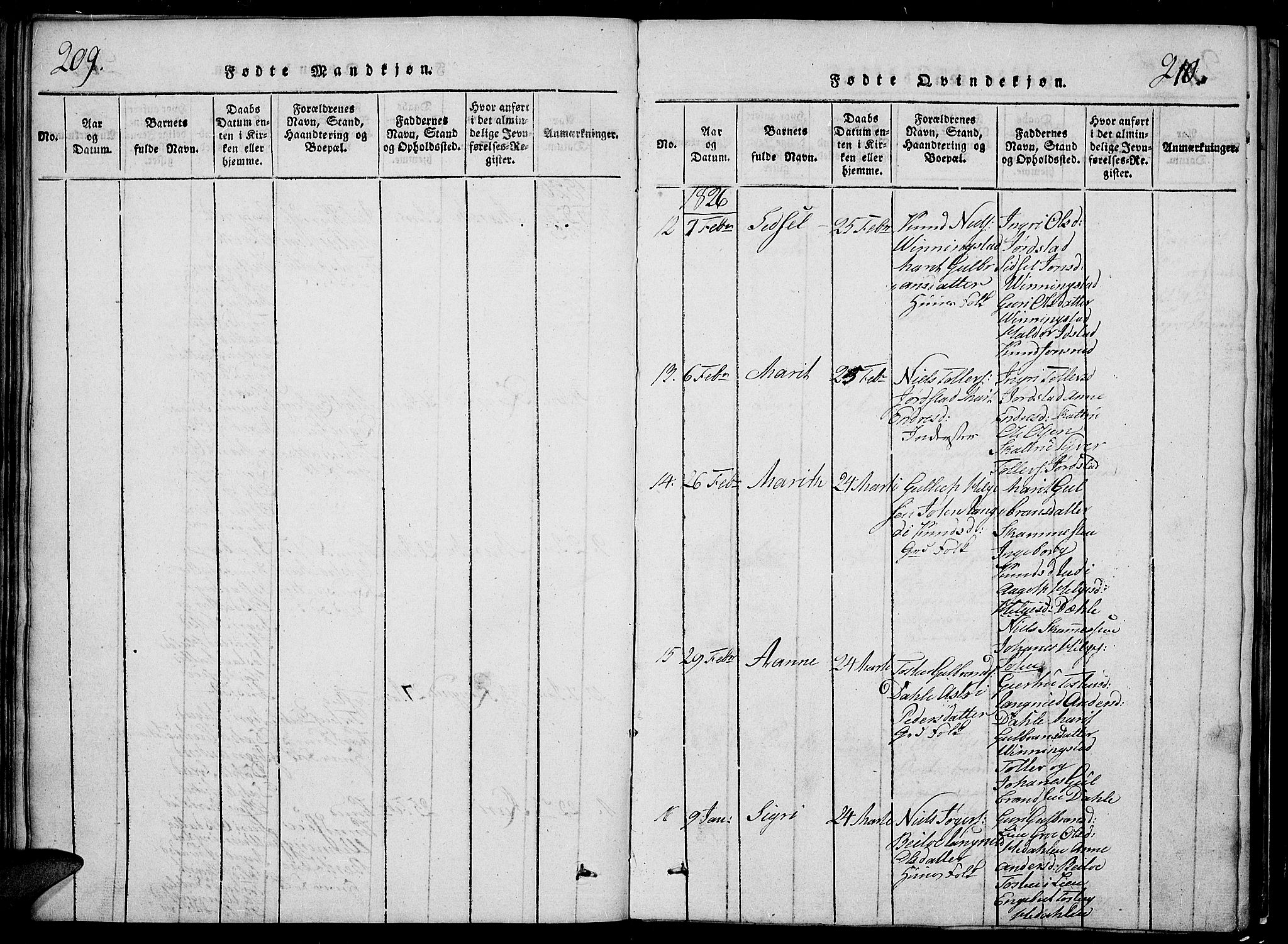 Slidre prestekontor, SAH/PREST-134/H/Ha/Hab/L0002: Parish register (copy) no. 2, 1814-1839, p. 209-210