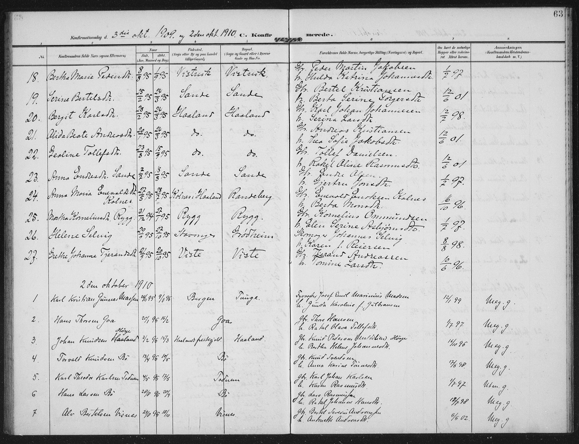 Hetland sokneprestkontor, AV/SAST-A-101826/30/30BA: Parish register (official) no. A 14, 1905-1919, p. 63
