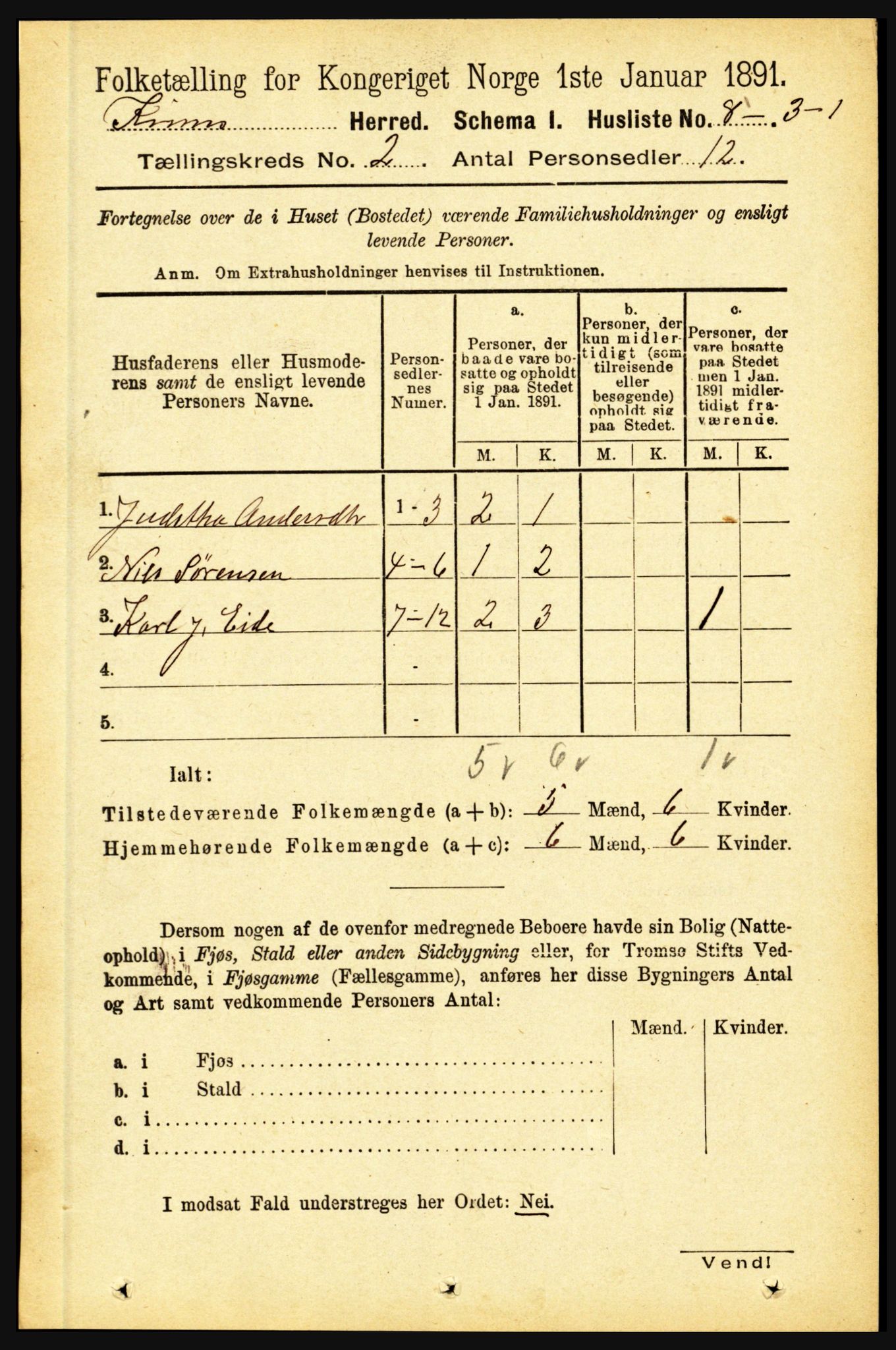 RA, 1891 census for 1437 Kinn, 1891, p. 484