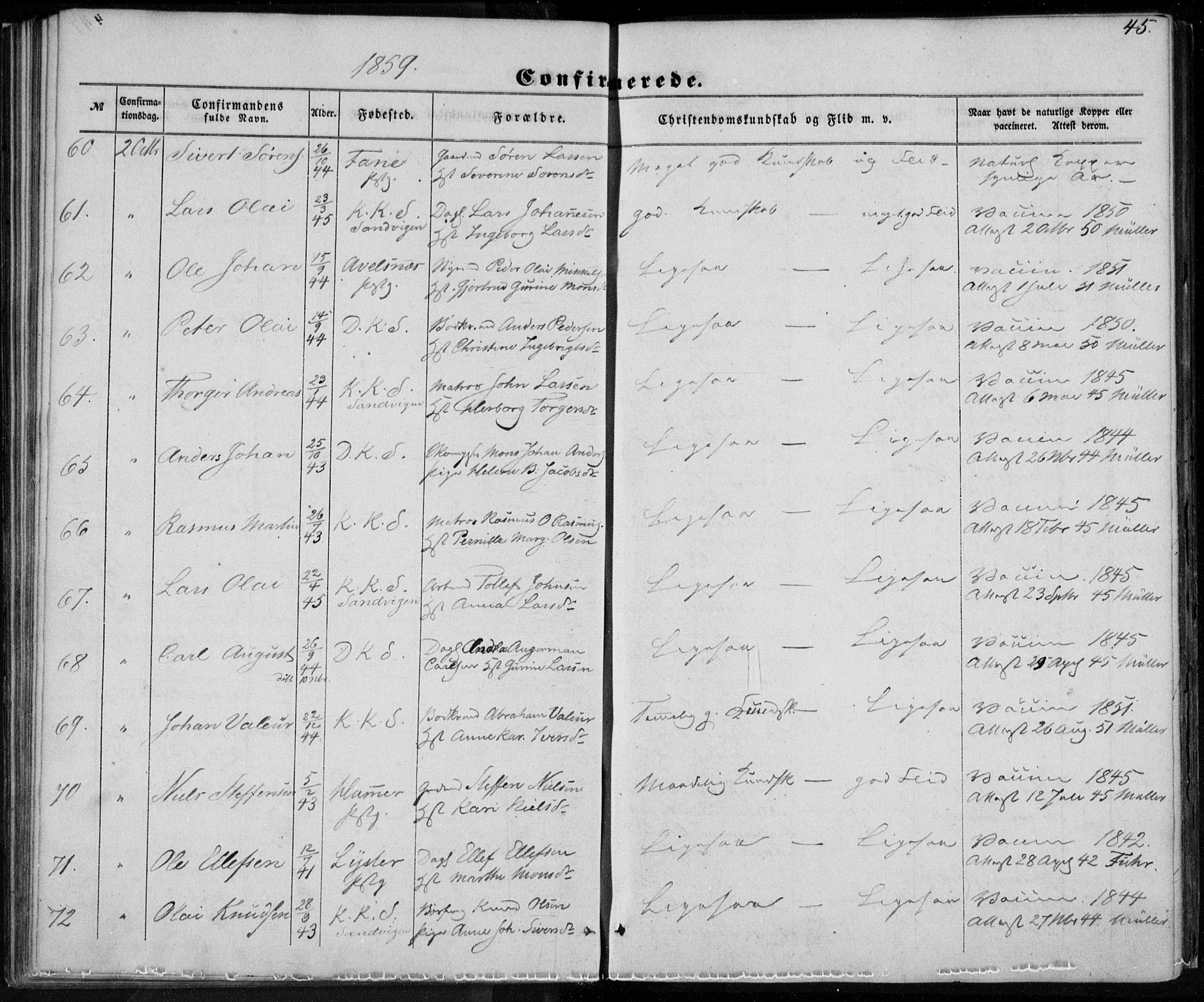Korskirken sokneprestembete, SAB/A-76101/H/Haa/L0027: Parish register (official) no. C 3, 1854-1868, p. 45