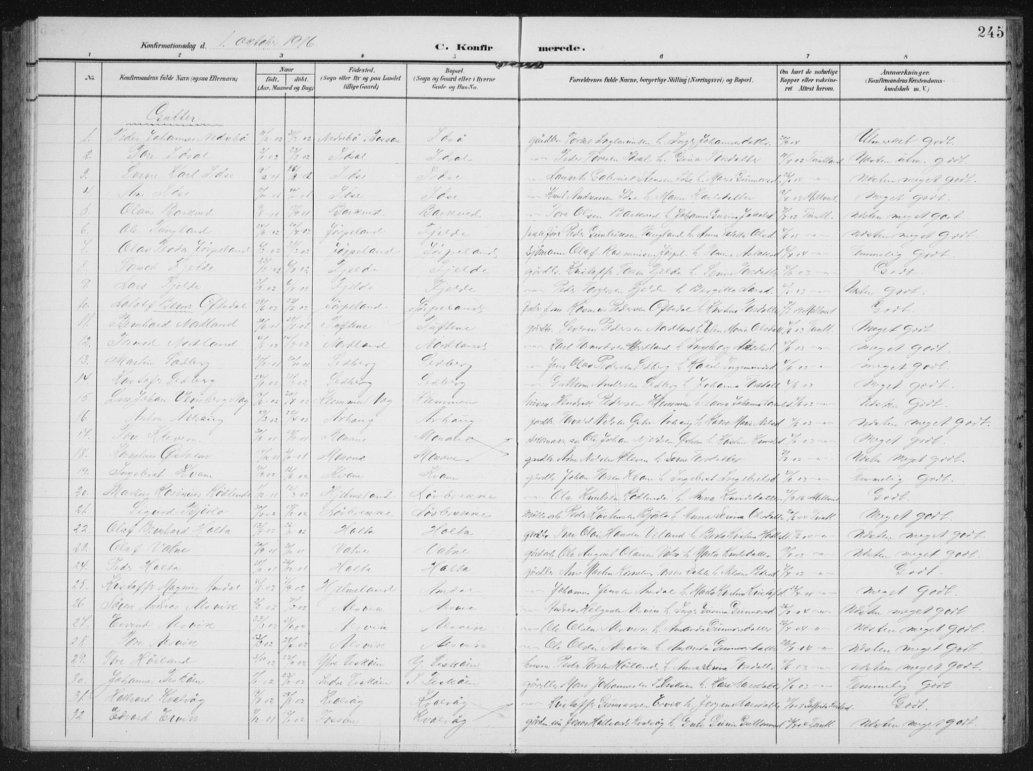 Strand sokneprestkontor, AV/SAST-A-101828/H/Ha/Hab/L0005: Parish register (copy) no. B 5, 1904-1934, p. 245