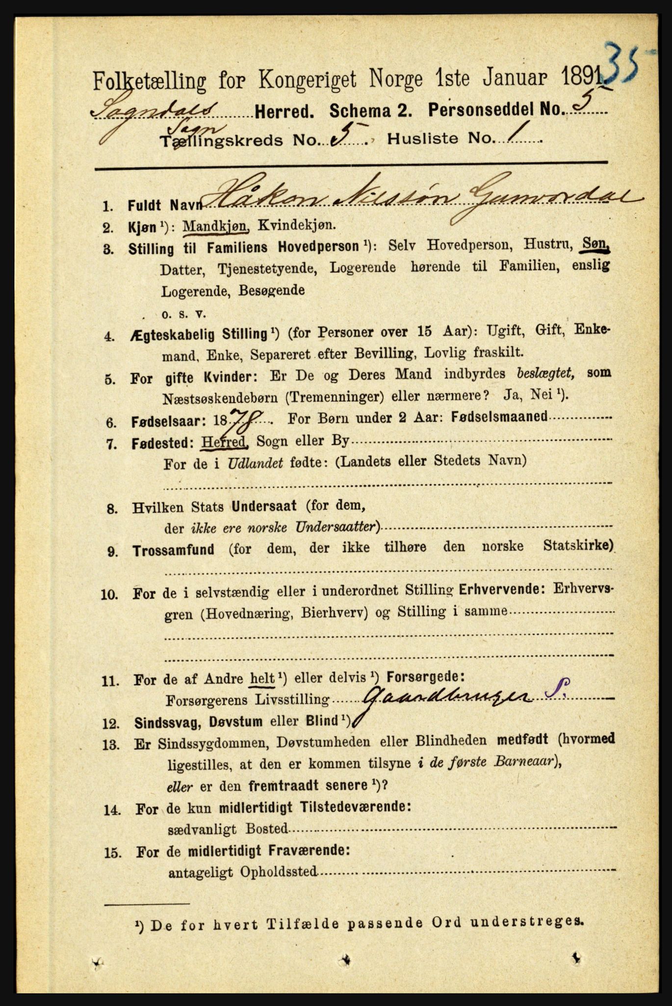 RA, 1891 census for 1420 Sogndal, 1891, p. 2307