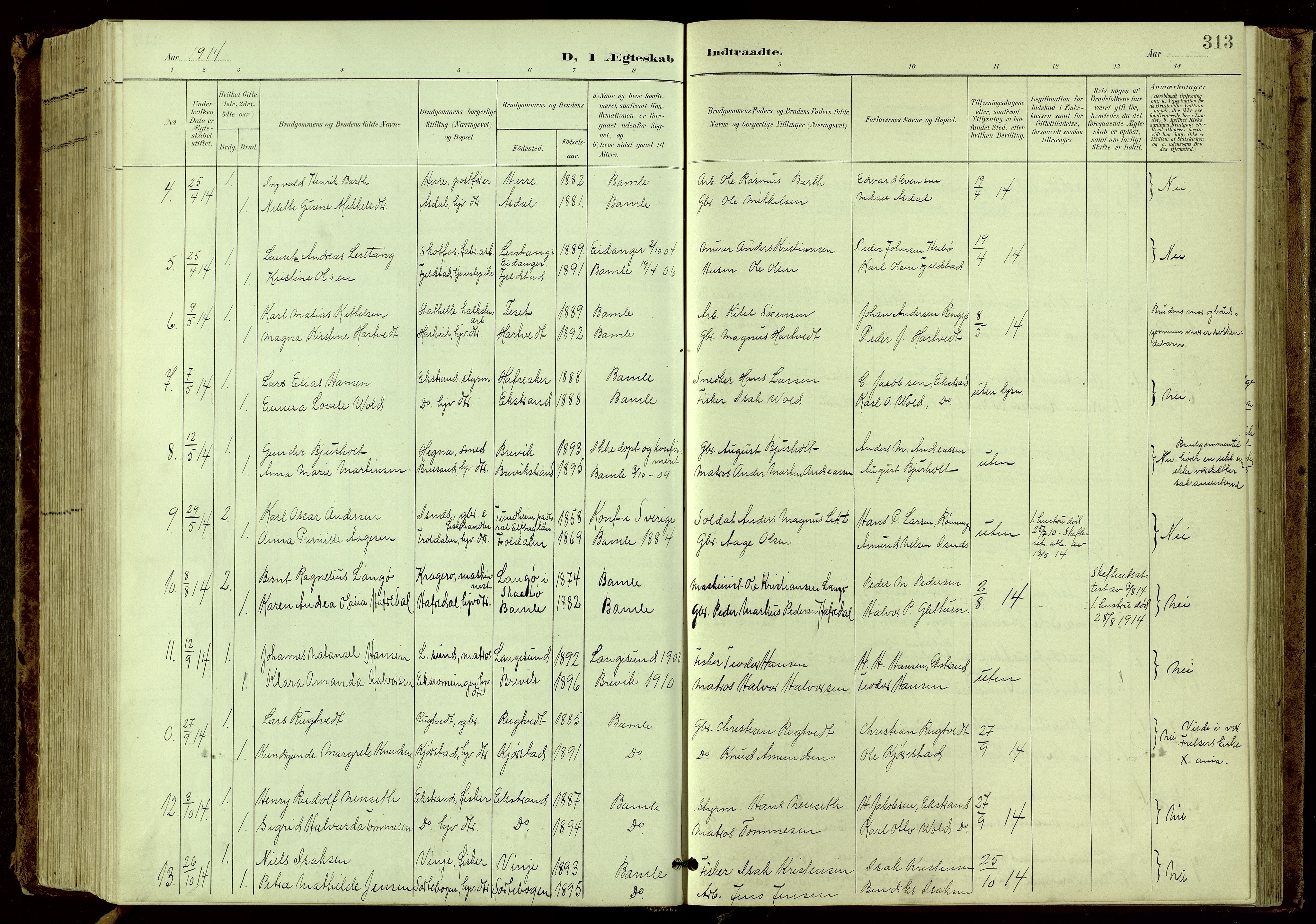 Bamble kirkebøker, SAKO/A-253/G/Ga/L0010: Parish register (copy) no. I 10, 1901-1919, p. 313