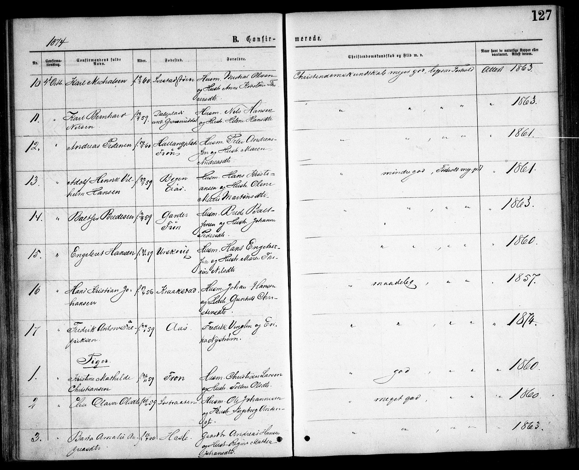 Nesodden prestekontor Kirkebøker, AV/SAO-A-10013/F/Fa/L0008: Parish register (official) no. I 8, 1869-1879, p. 127