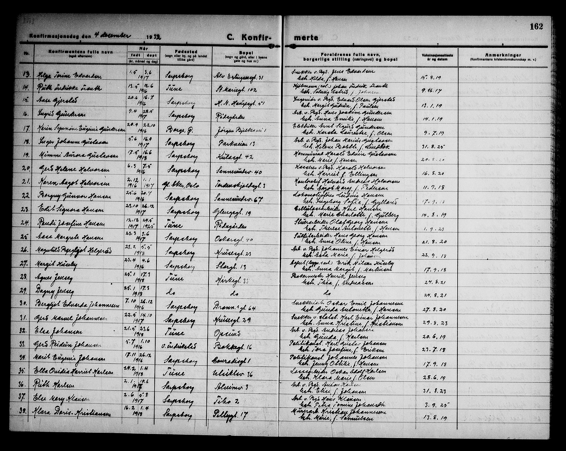 Sarpsborg prestekontor Kirkebøker, AV/SAO-A-2006/G/Ga/L0005: Parish register (copy) no. 5, 1932-1950, p. 162