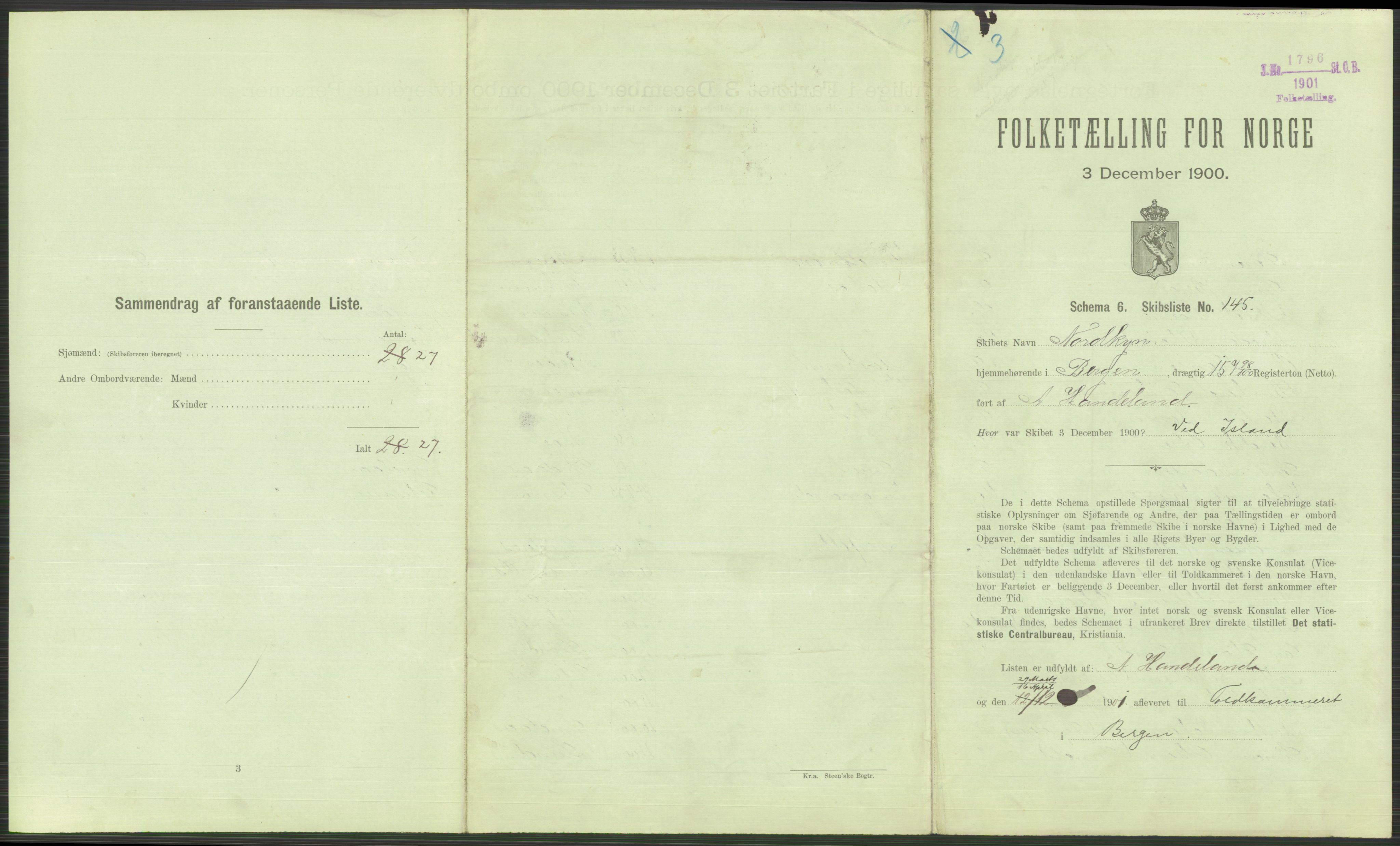 RA, 1900 Census - ship lists from ships in Norwegian harbours, harbours abroad and at sea, 1900, p. 3613