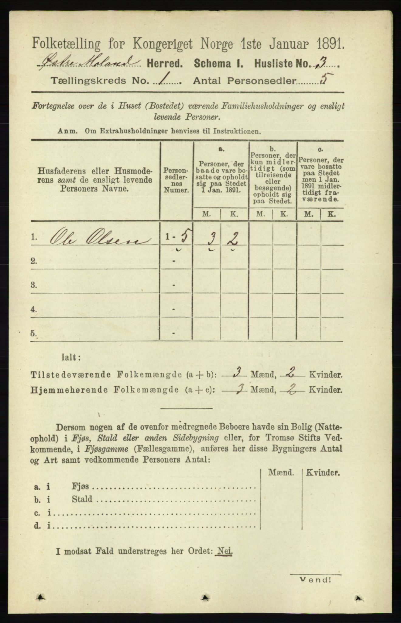 RA, 1891 census for 0918 Austre Moland, 1891, p. 22