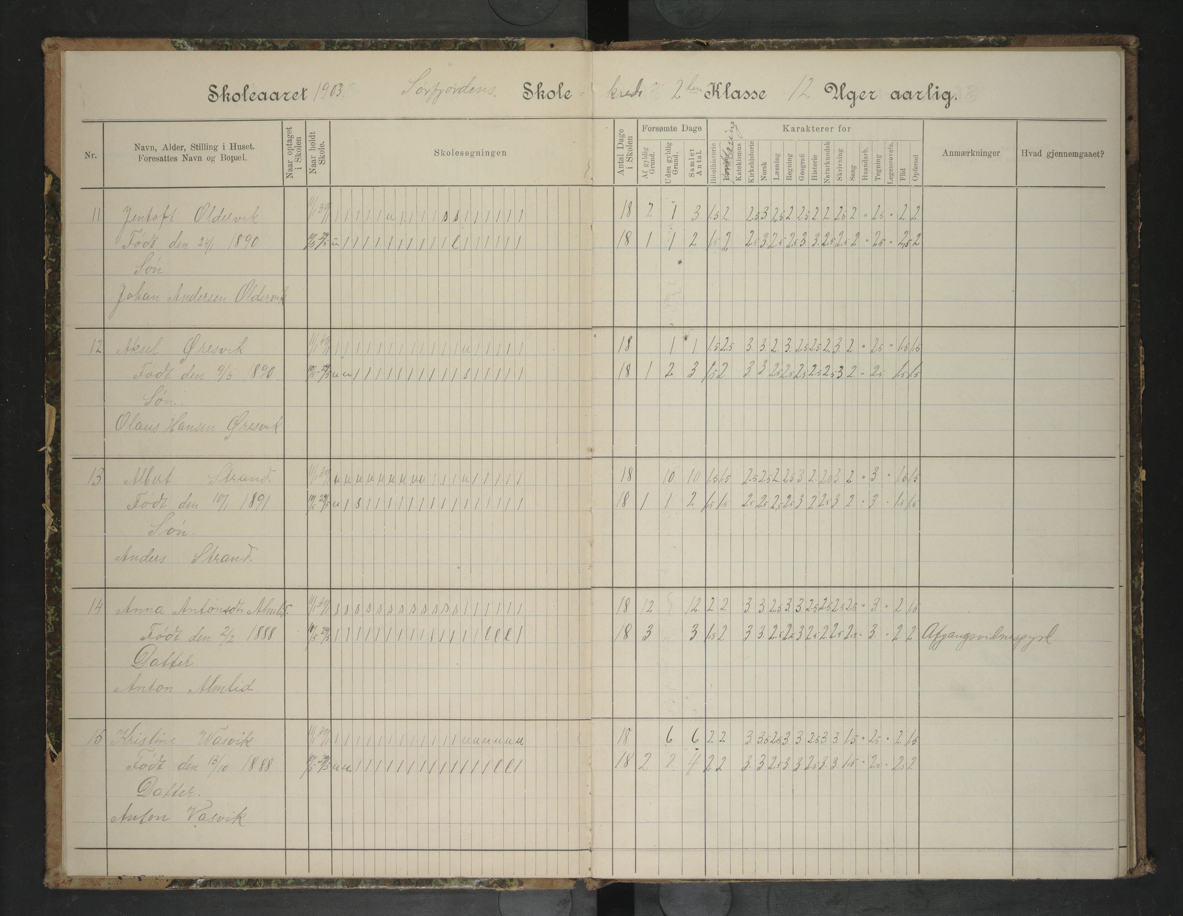 Rødøy kommune. Ymse skolekretser , AIN/K-18360.510.04/F/Fa/L0023: Skoleprotokoll:Indre Sørfjorden/Ytre Sørfjorden/Langnes/Nygård, 1903-1909