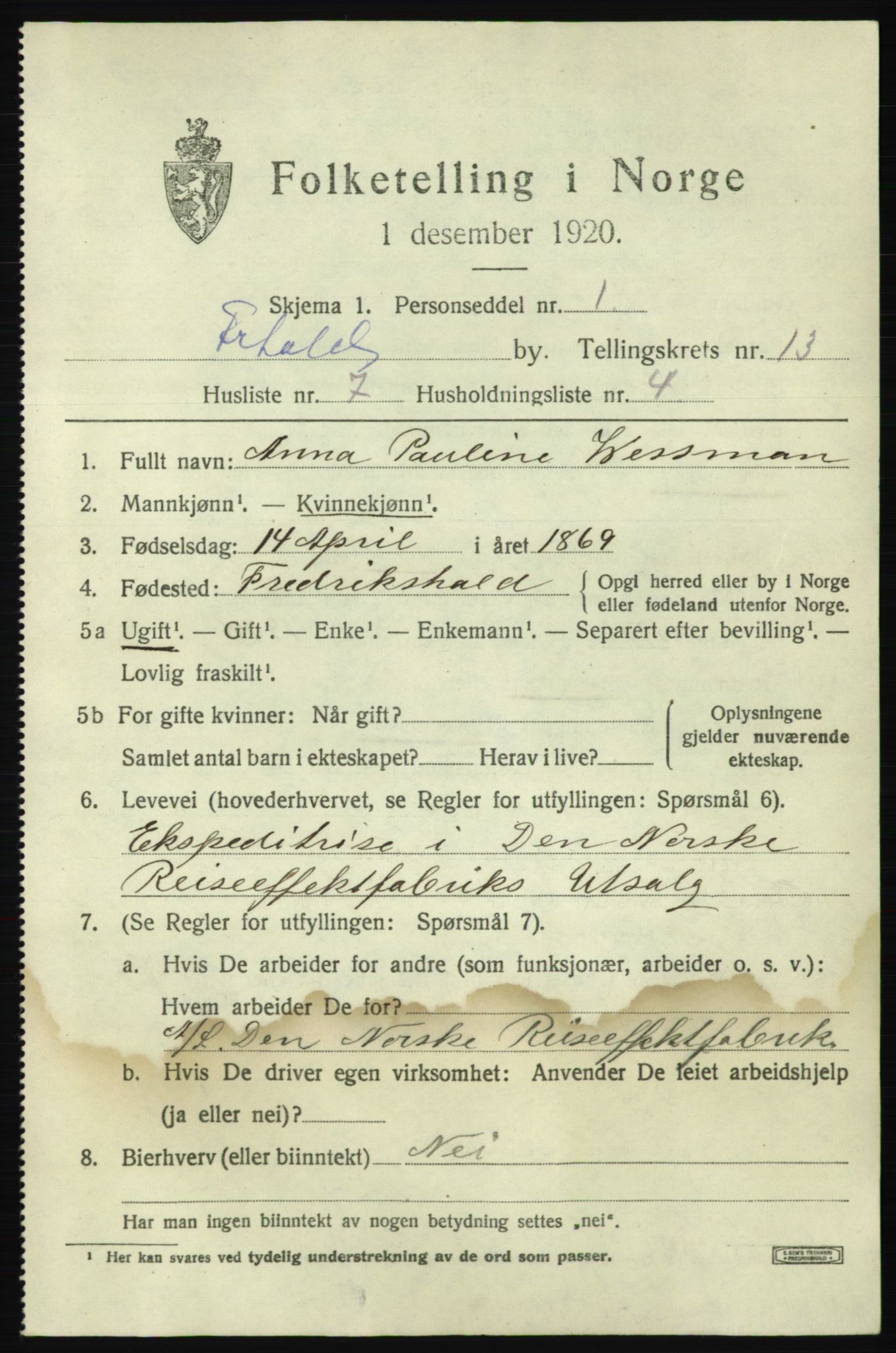SAO, 1920 census for Fredrikshald, 1920, p. 20771