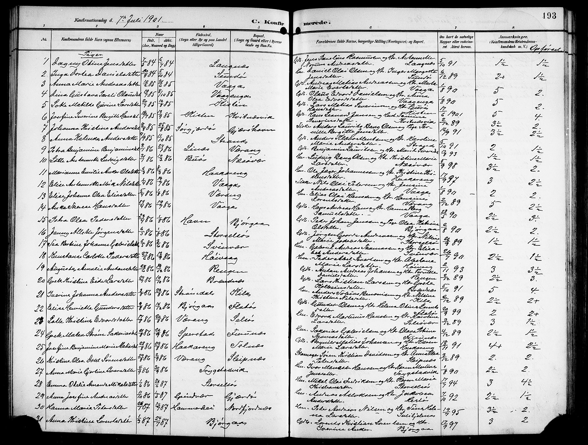 Ministerialprotokoller, klokkerbøker og fødselsregistre - Nordland, AV/SAT-A-1459/841/L0621: Parish register (copy) no. 841C05, 1897-1923, p. 193