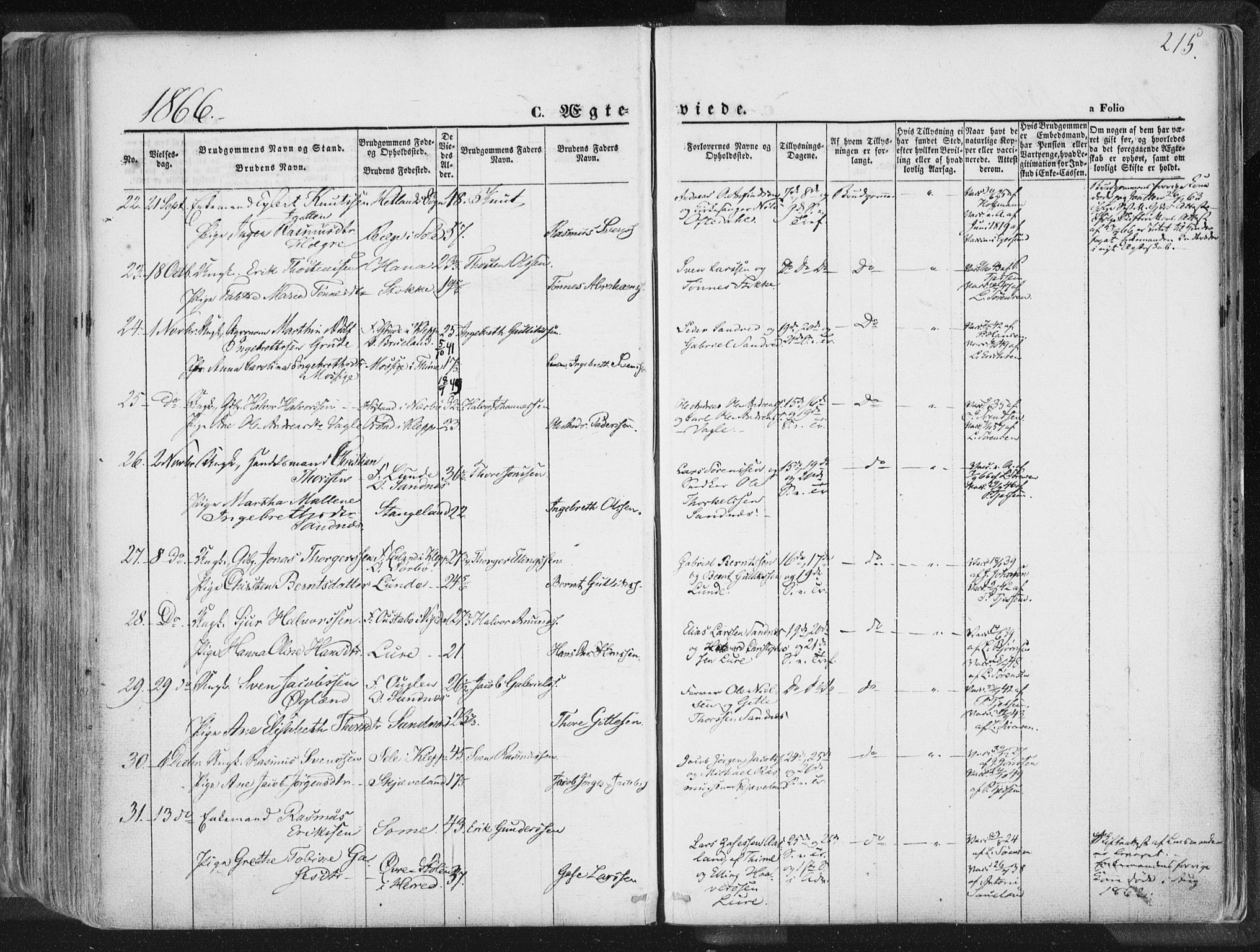 Høyland sokneprestkontor, AV/SAST-A-101799/001/30BA/L0010: Parish register (official) no. A 9.1, 1857-1877, p. 215