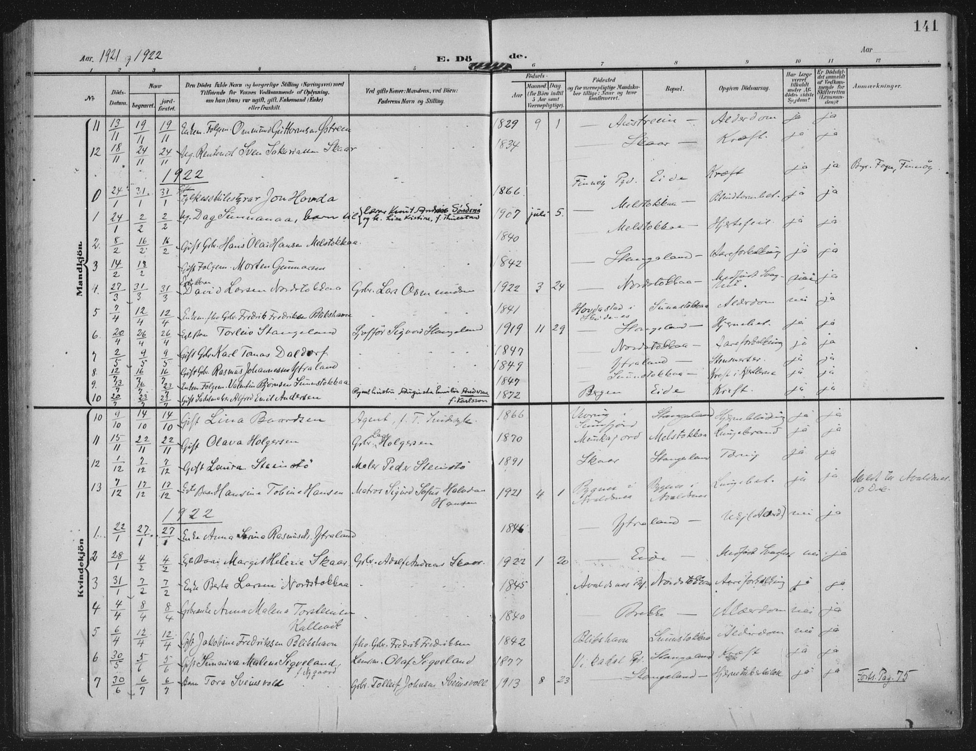 Kopervik sokneprestkontor, AV/SAST-A-101850/H/Ha/Haa/L0003: Parish register (official) no. A 3, 1906-1924, p. 141