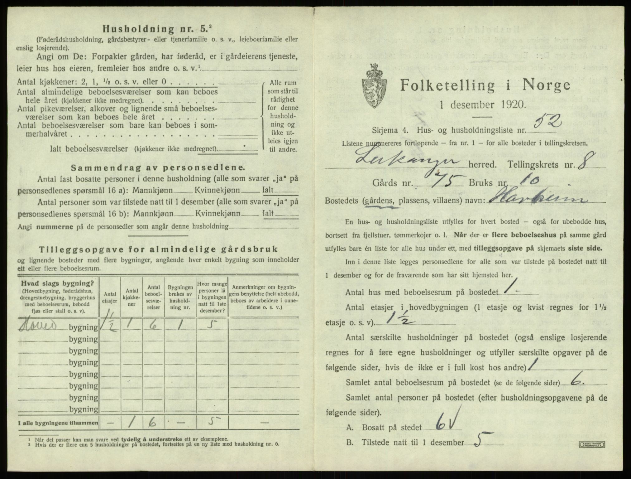 SAB, 1920 census for Leikanger, 1920, p. 857