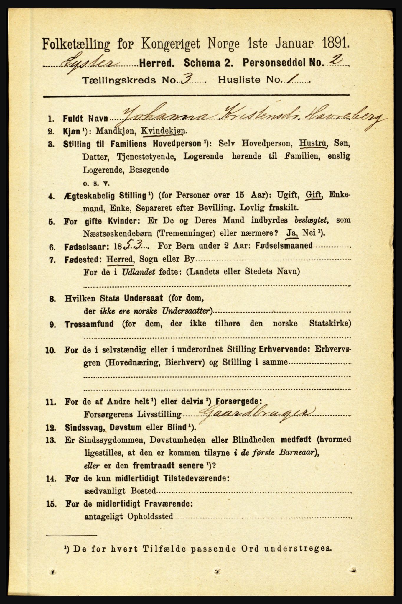 RA, 1891 census for 1426 Luster, 1891, p. 1154