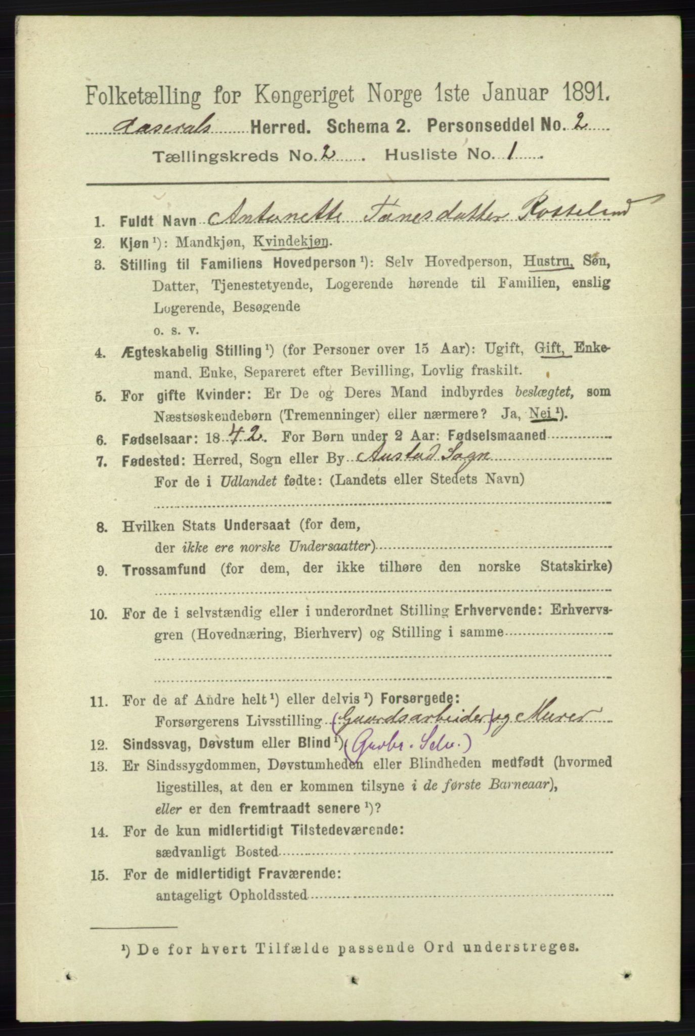 RA, 1891 census for 1026 Åseral, 1891, p. 389