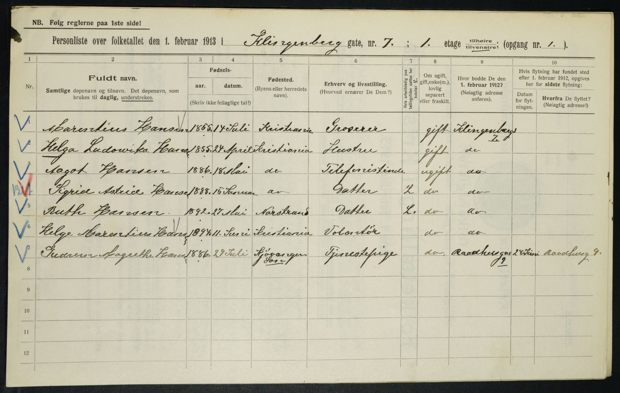 OBA, Municipal Census 1913 for Kristiania, 1913, p. 51586