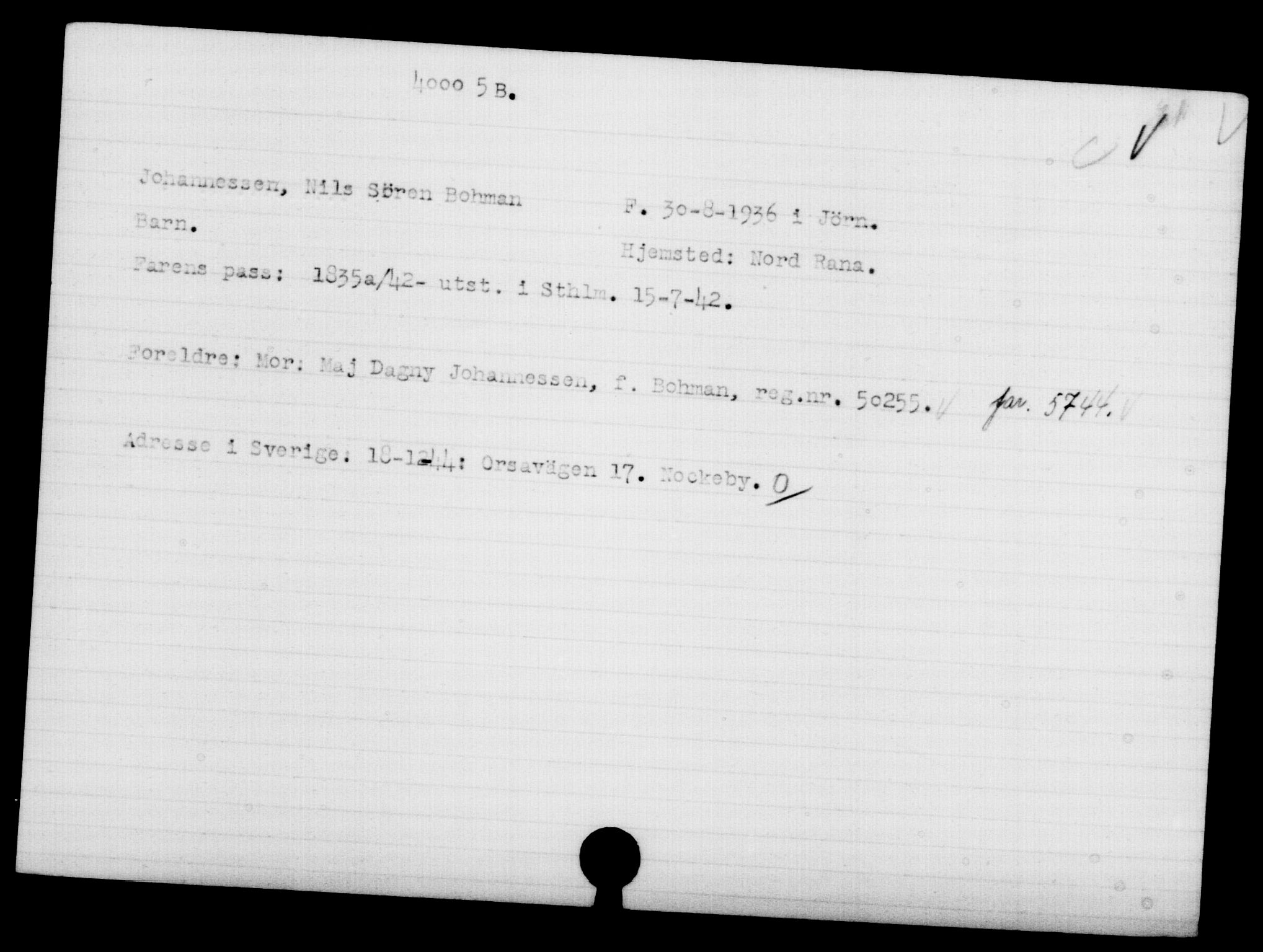 Utenriksstasjonene, Legasjonen i Stockholm, Flyktningkontoret, AV/RA-S-6753/V/Va/L0015: Kjesäterkartoteket, flyktninger med registreringsnr. 37800-40770, 1940-1945, p. 2281