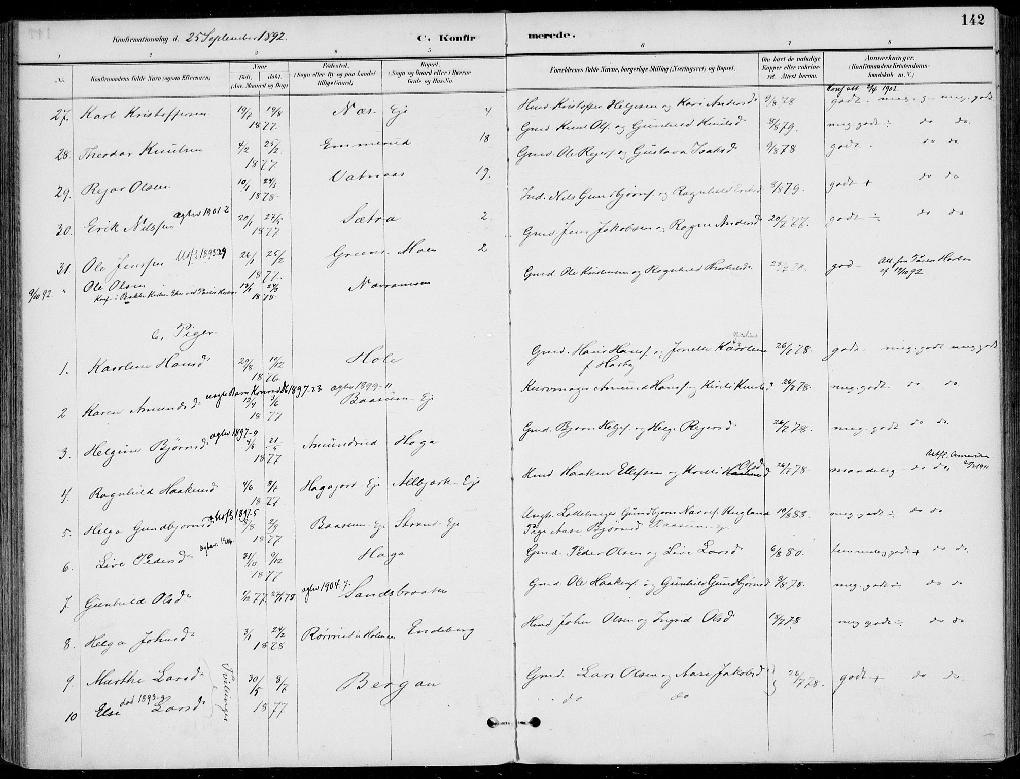 Sigdal kirkebøker, AV/SAKO-A-245/F/Fb/L0001: Parish register (official) no. II 1, 1888-1900, p. 142