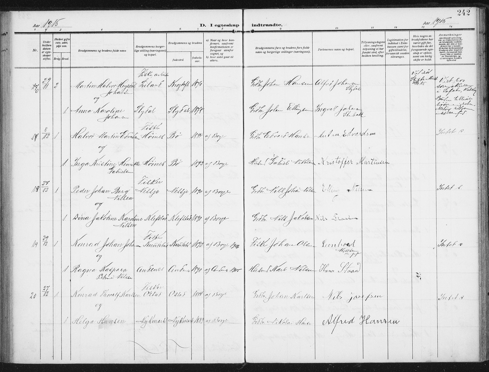 Ministerialprotokoller, klokkerbøker og fødselsregistre - Nordland, SAT/A-1459/880/L1135: Parish register (official) no. 880A09, 1908-1919, p. 242