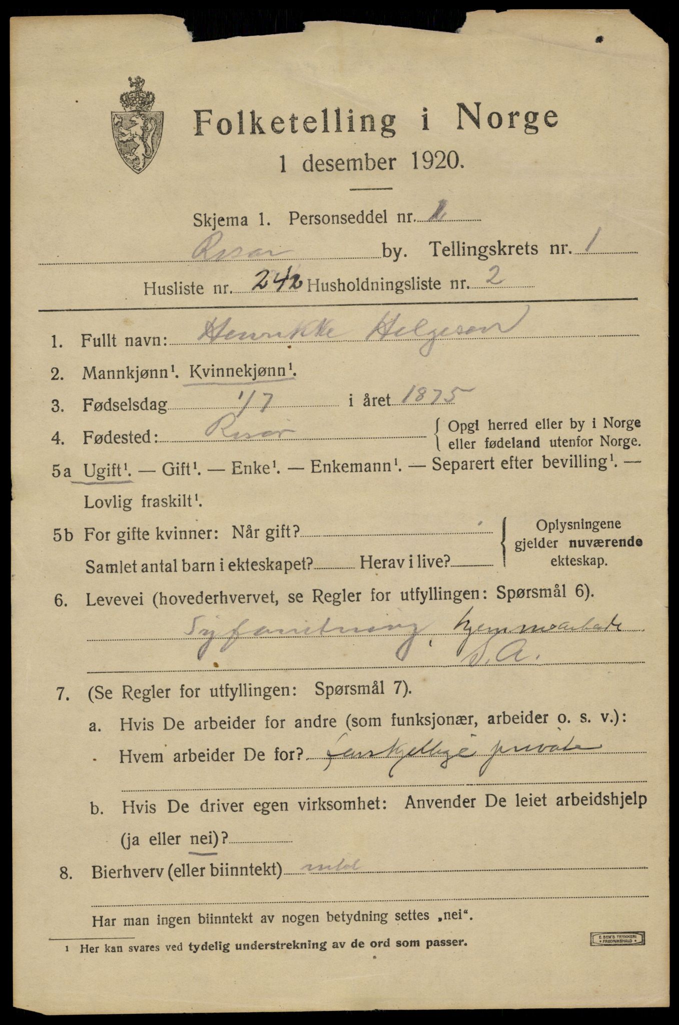 SAK, 1920 census for Risør, 1920, p. 5497