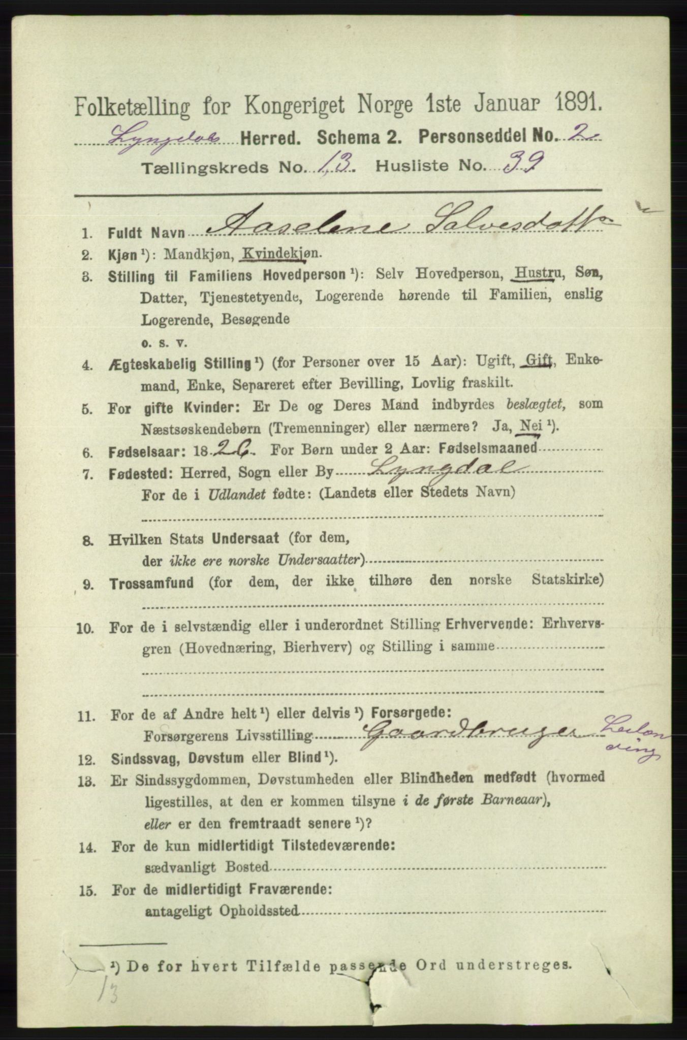 RA, 1891 census for 1032 Lyngdal, 1891, p. 5801