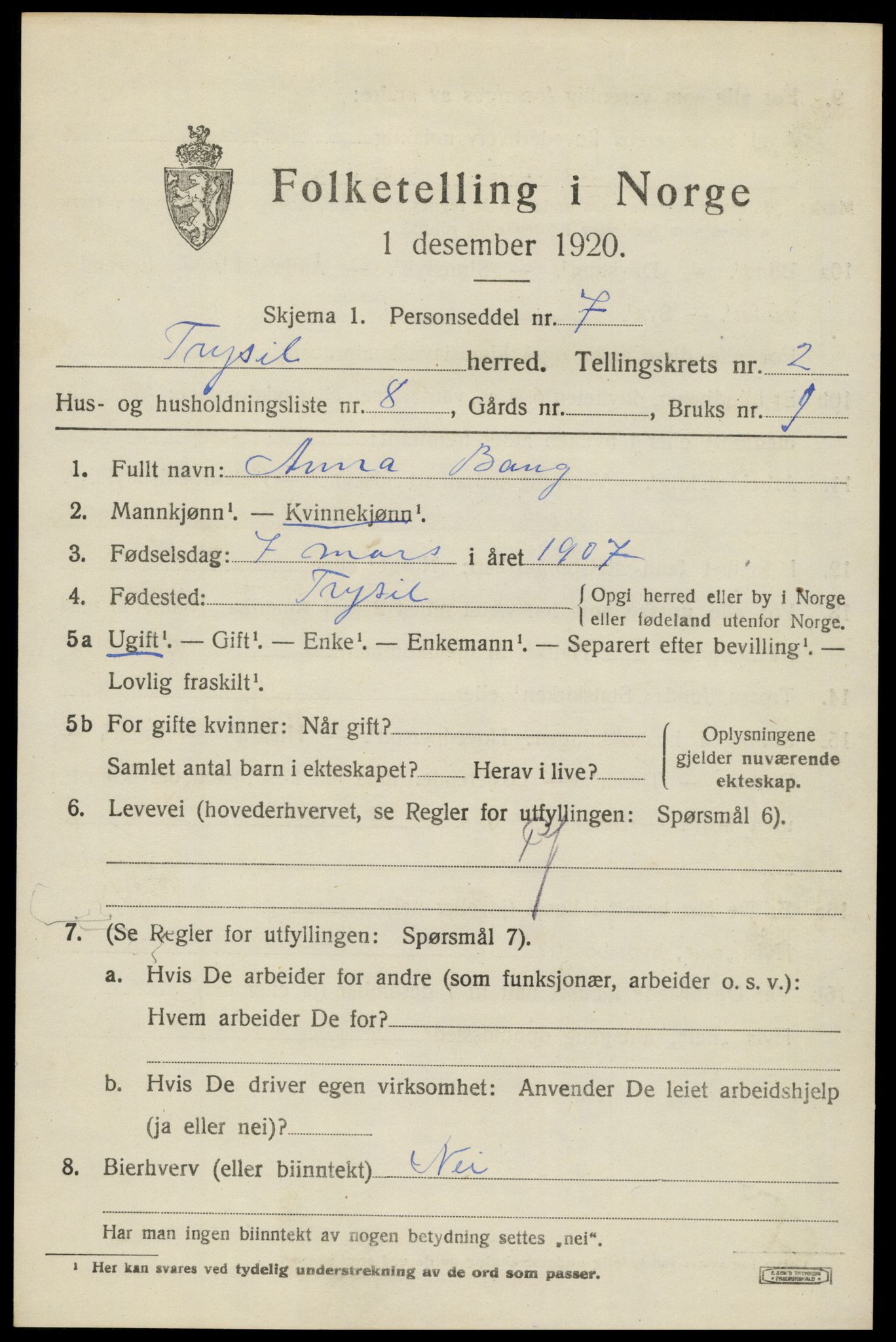 SAH, 1920 census for Trysil, 1920, p. 3179