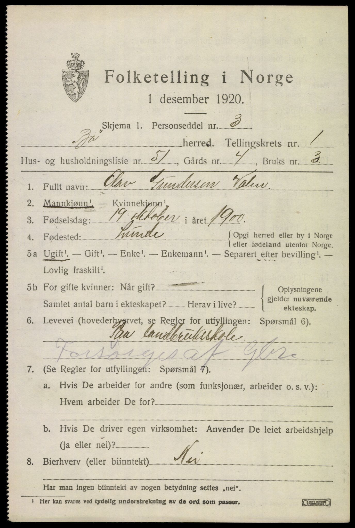 SAKO, 1920 census for Bø (Telemark), 1920, p. 1760