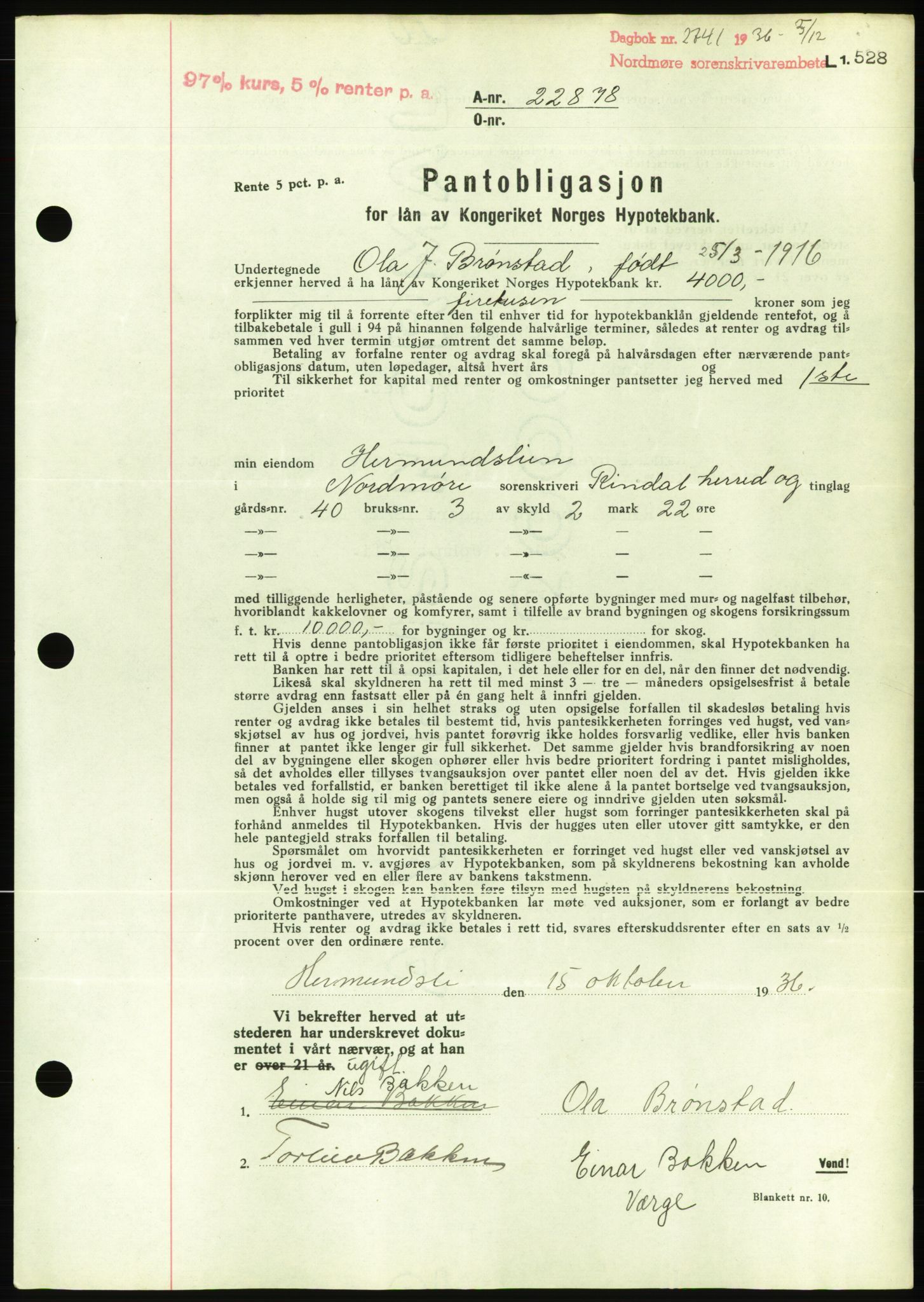 Nordmøre sorenskriveri, AV/SAT-A-4132/1/2/2Ca/L0090: Mortgage book no. B80, 1936-1937, Diary no: : 2741/1936