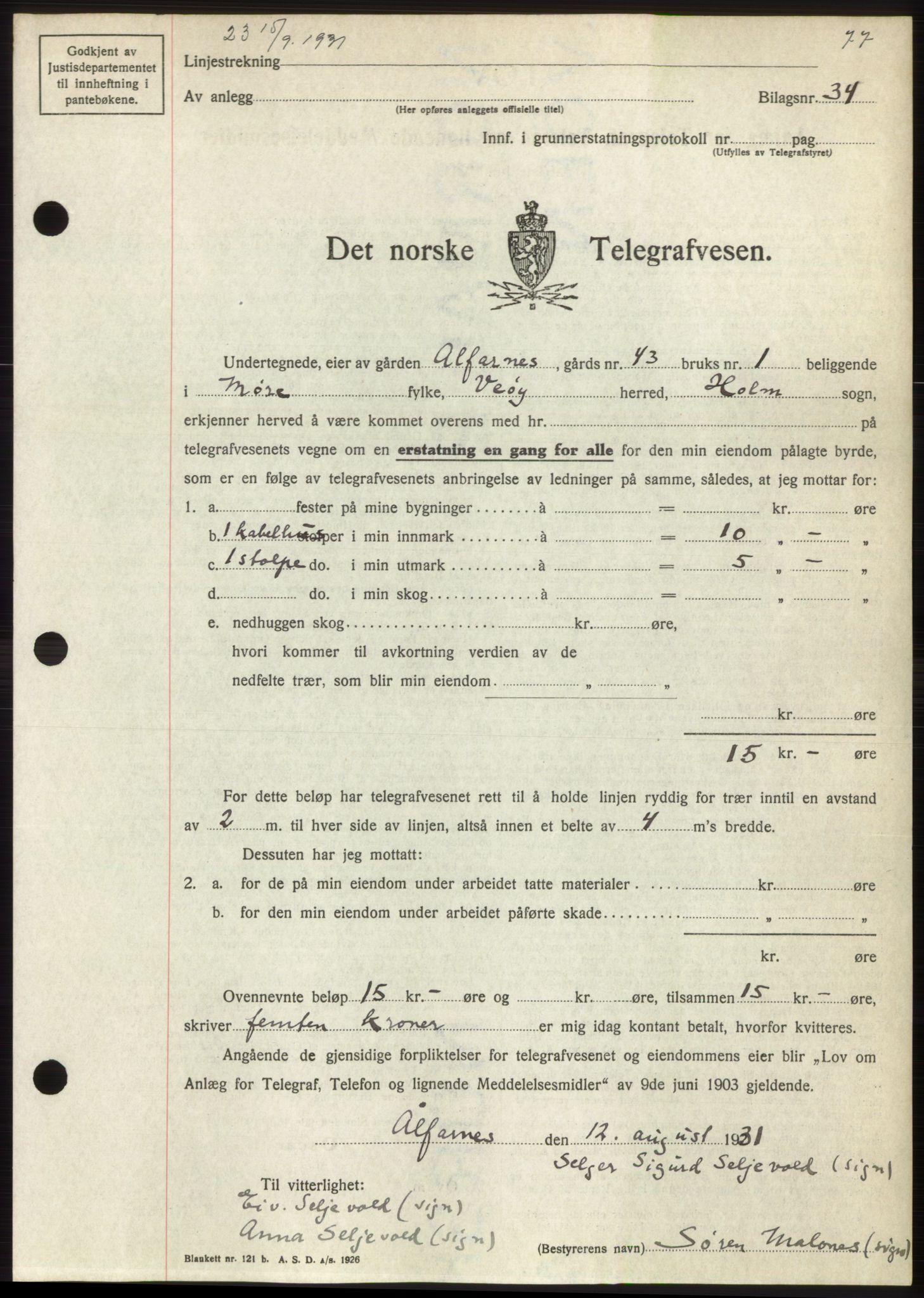 Romsdal sorenskriveri, AV/SAT-A-4149/1/2/2C/L0060: Mortgage book no. 54, 1931-1932, Deed date: 15.09.1931