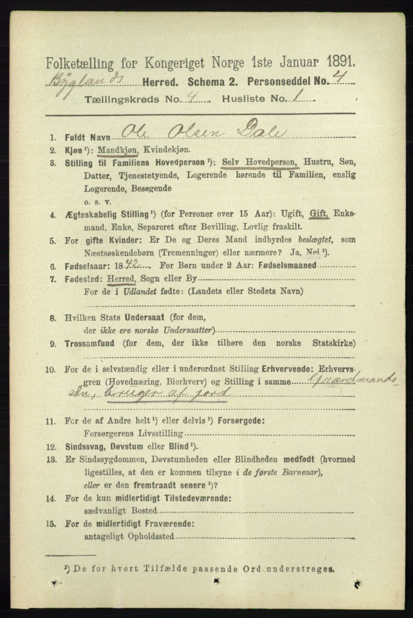 RA, 1891 census for 0938 Bygland, 1891, p. 855