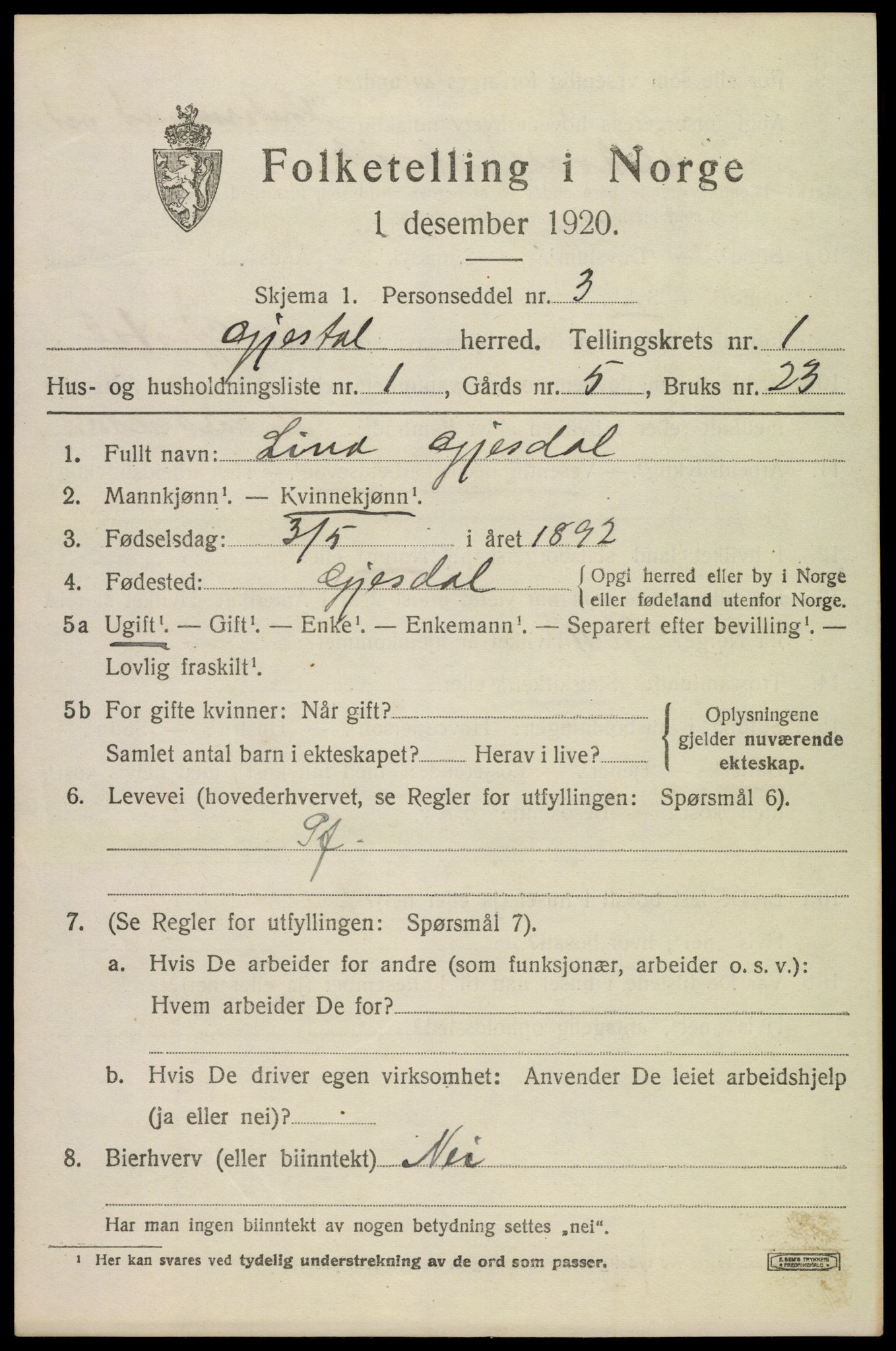 SAST, 1920 census for Gjesdal, 1920, p. 692